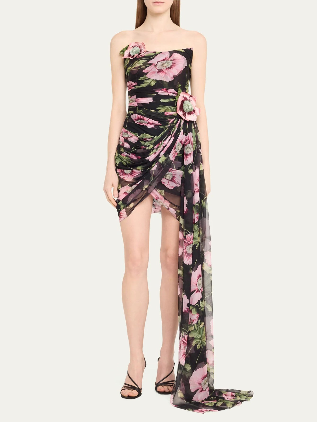 Floral Draped Mini Dress with Train