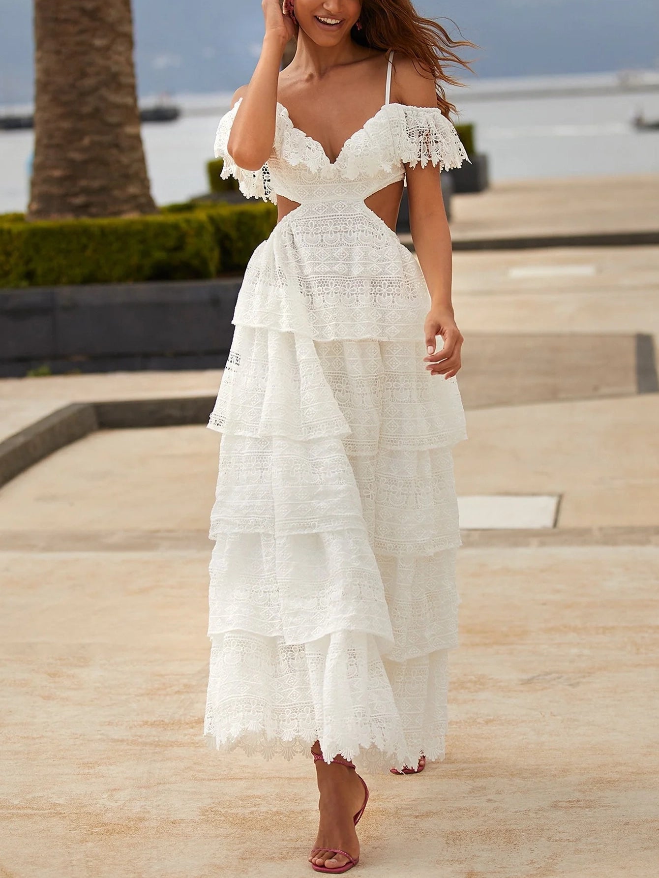 Elegant Suspender Tiered Lace Midi Dress