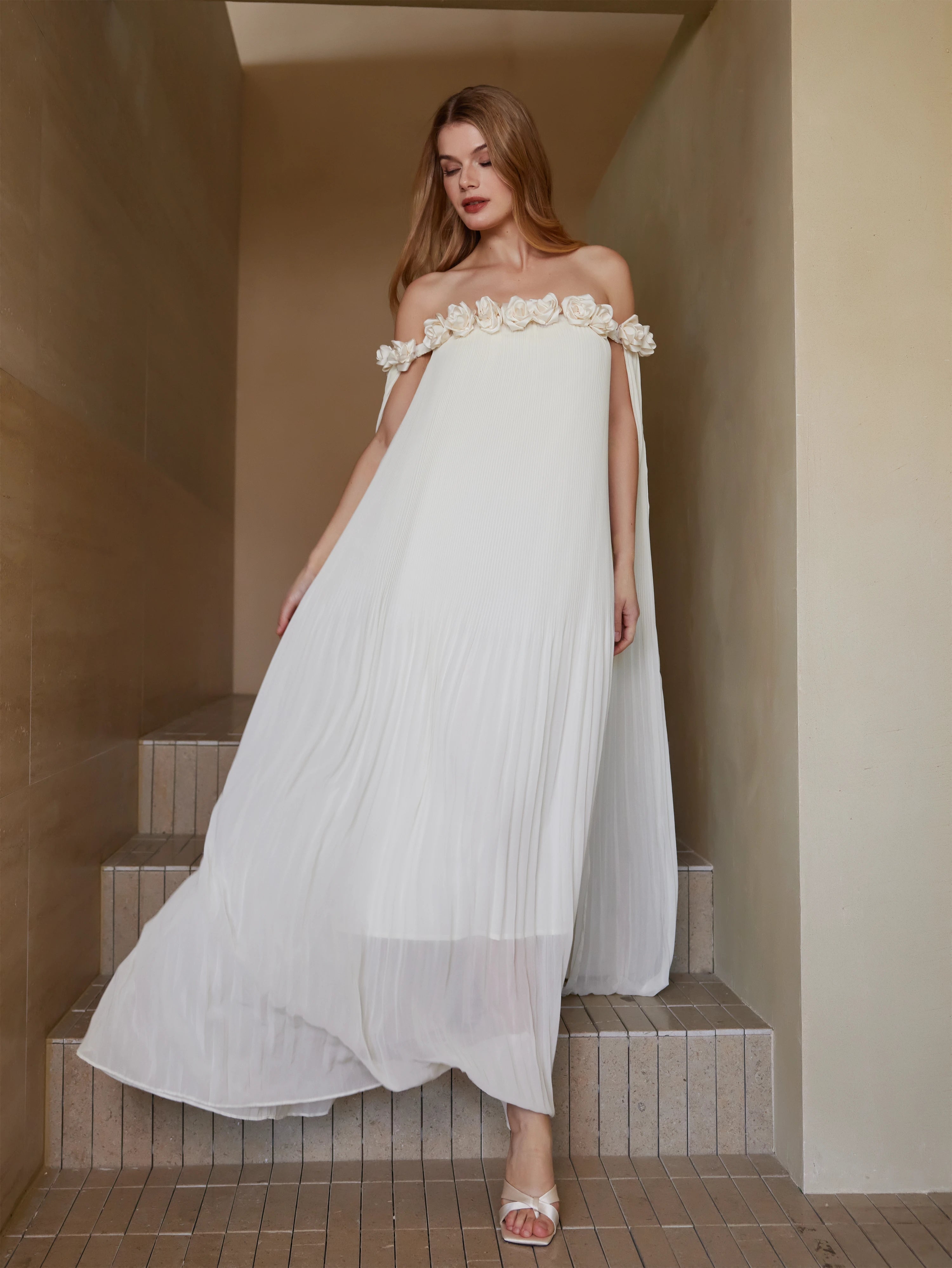 Flowy Off-Shoulder Pleated Gown