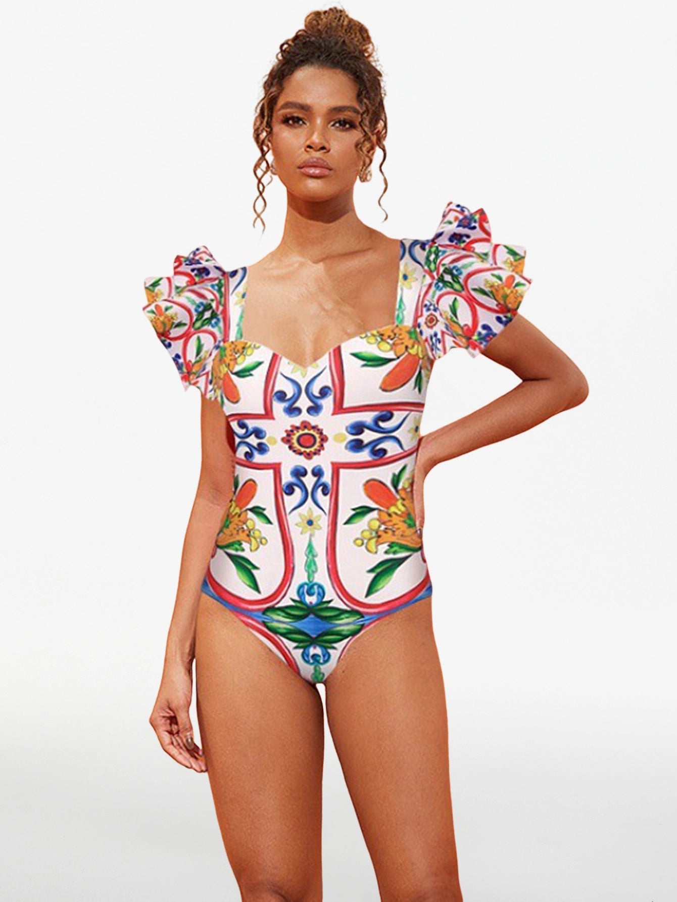 Ruffled Enamel Print One-piece Swimsuit