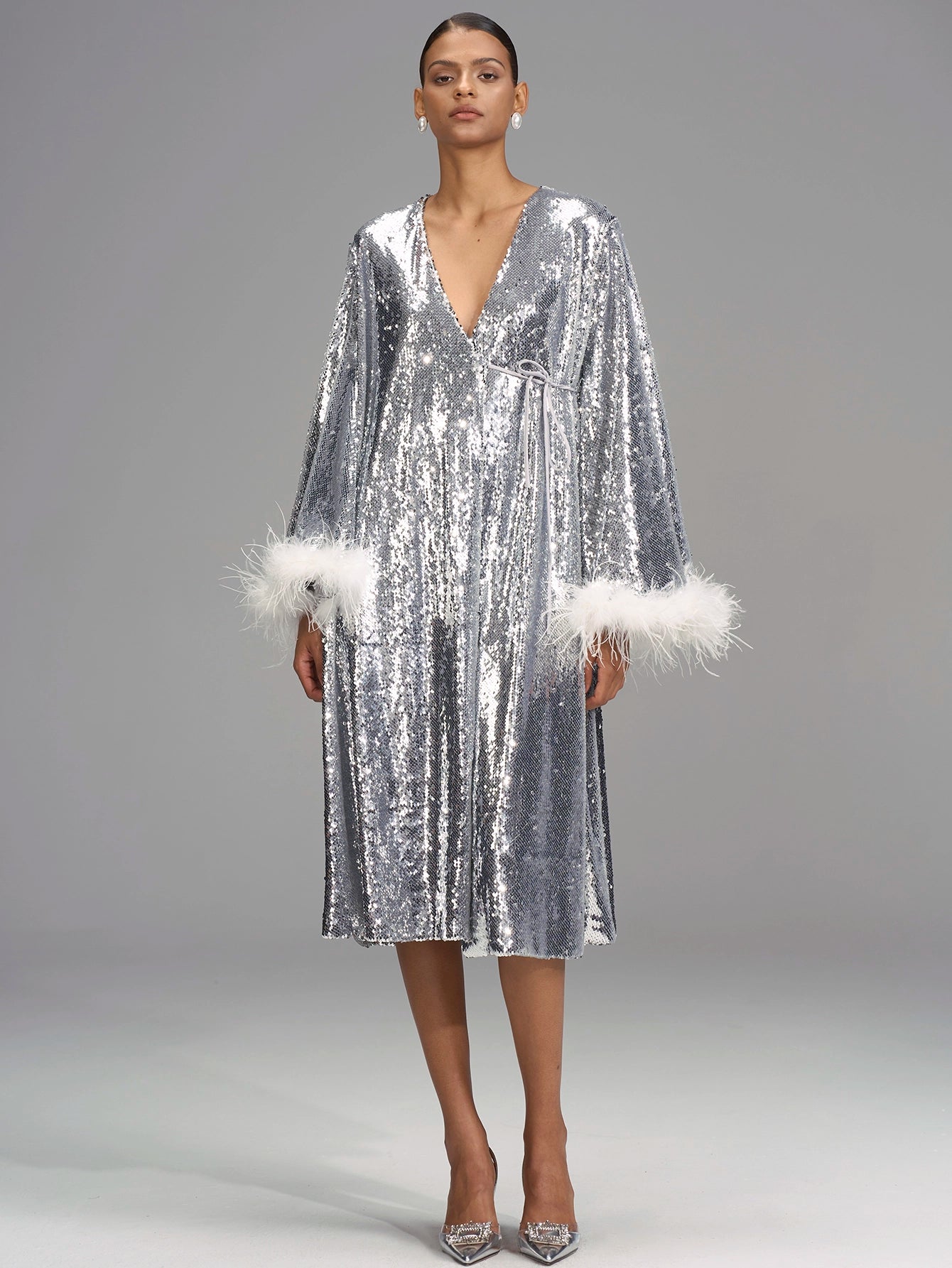 Feather Trim Sequin Morning Shoot Dress