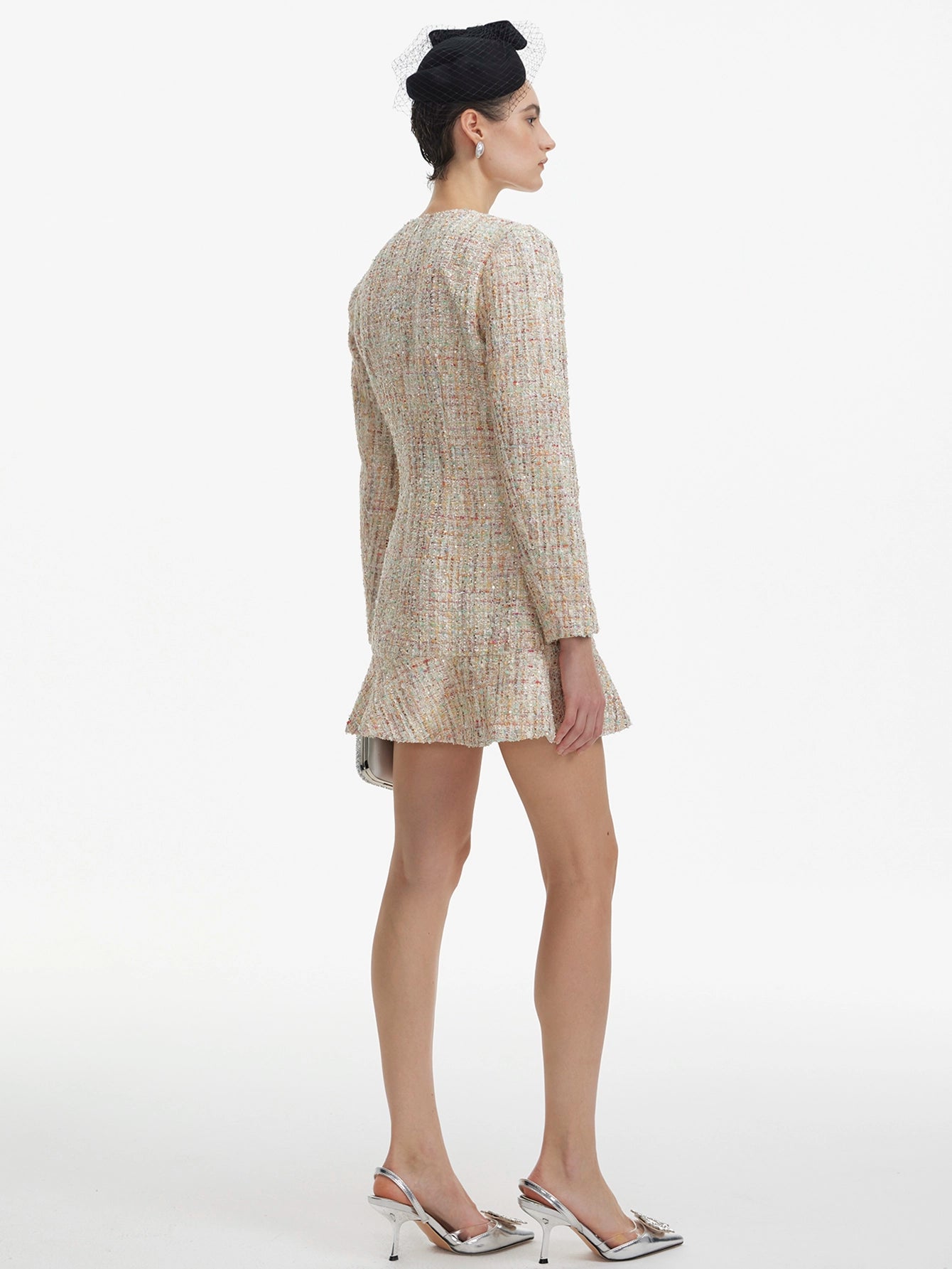 Long-Sleeved Sequined Tweed Mini Dress(Silvia)