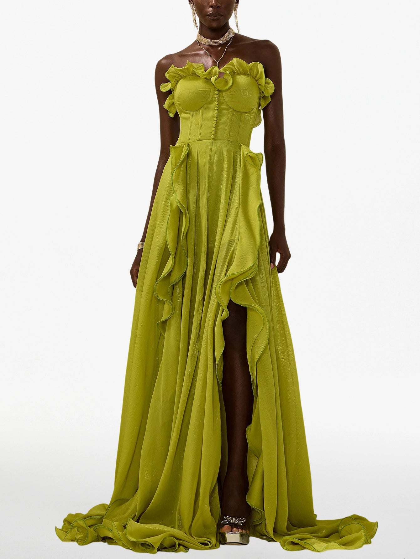 Green Chiffon Ruffle Gown - Elegant Evening Gown