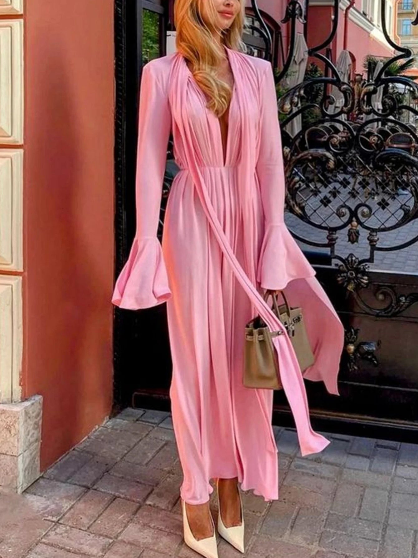 Pink Deep V-Neck Gown with Rose Embellishment