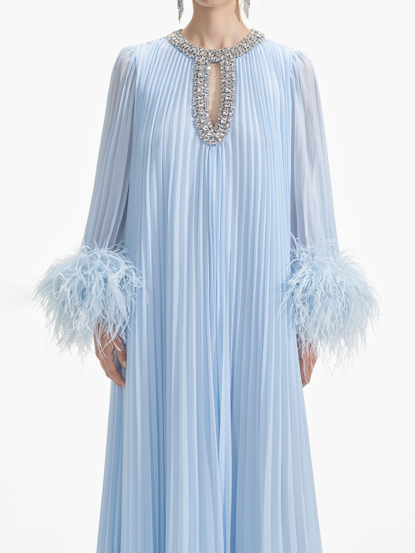 Feathered Cuff Embellished Pleated Gown