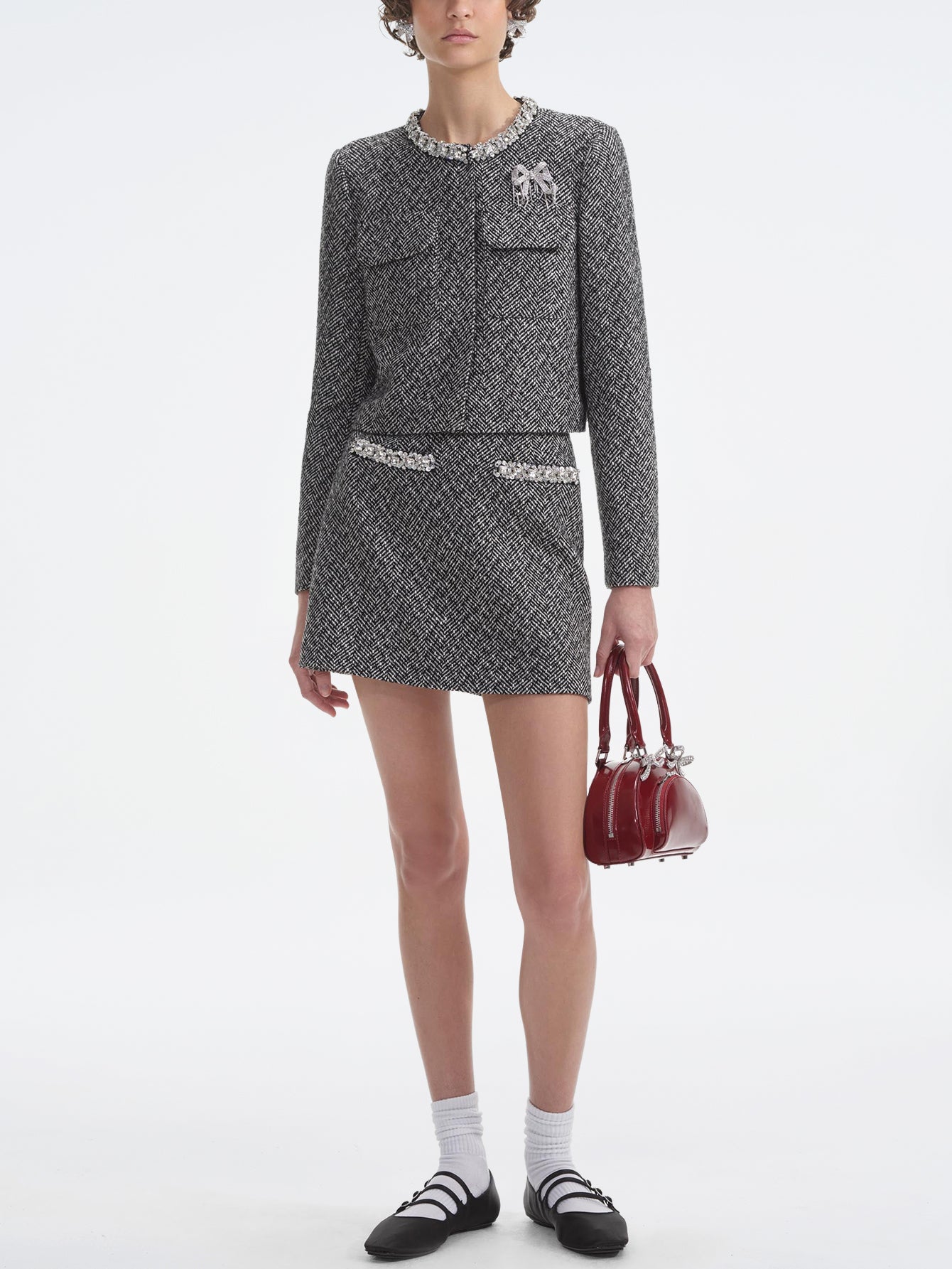 Embellished Collar Tweed Two-Piece Set