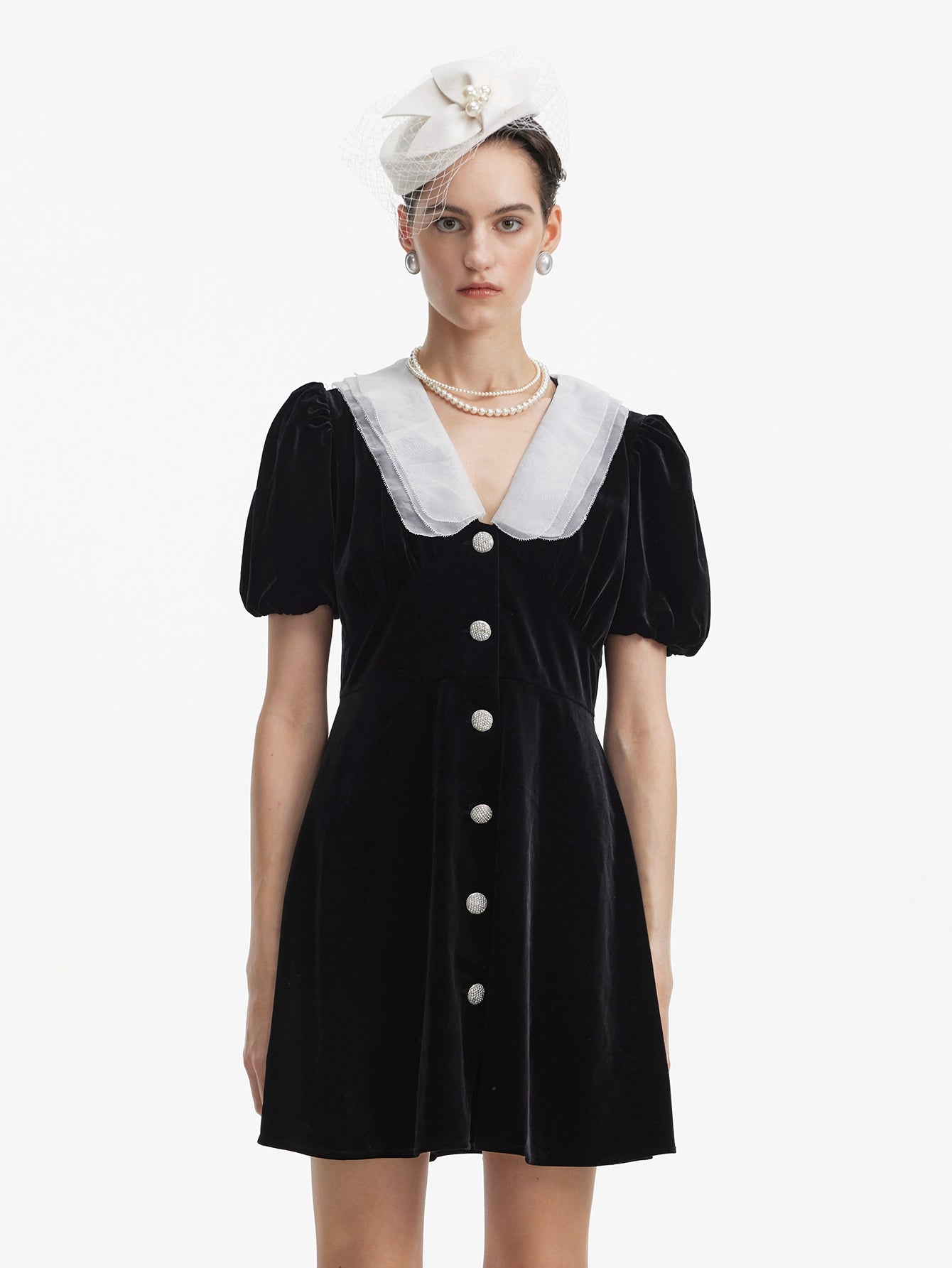 Peter Pan Collar Button Front Velvet Dress