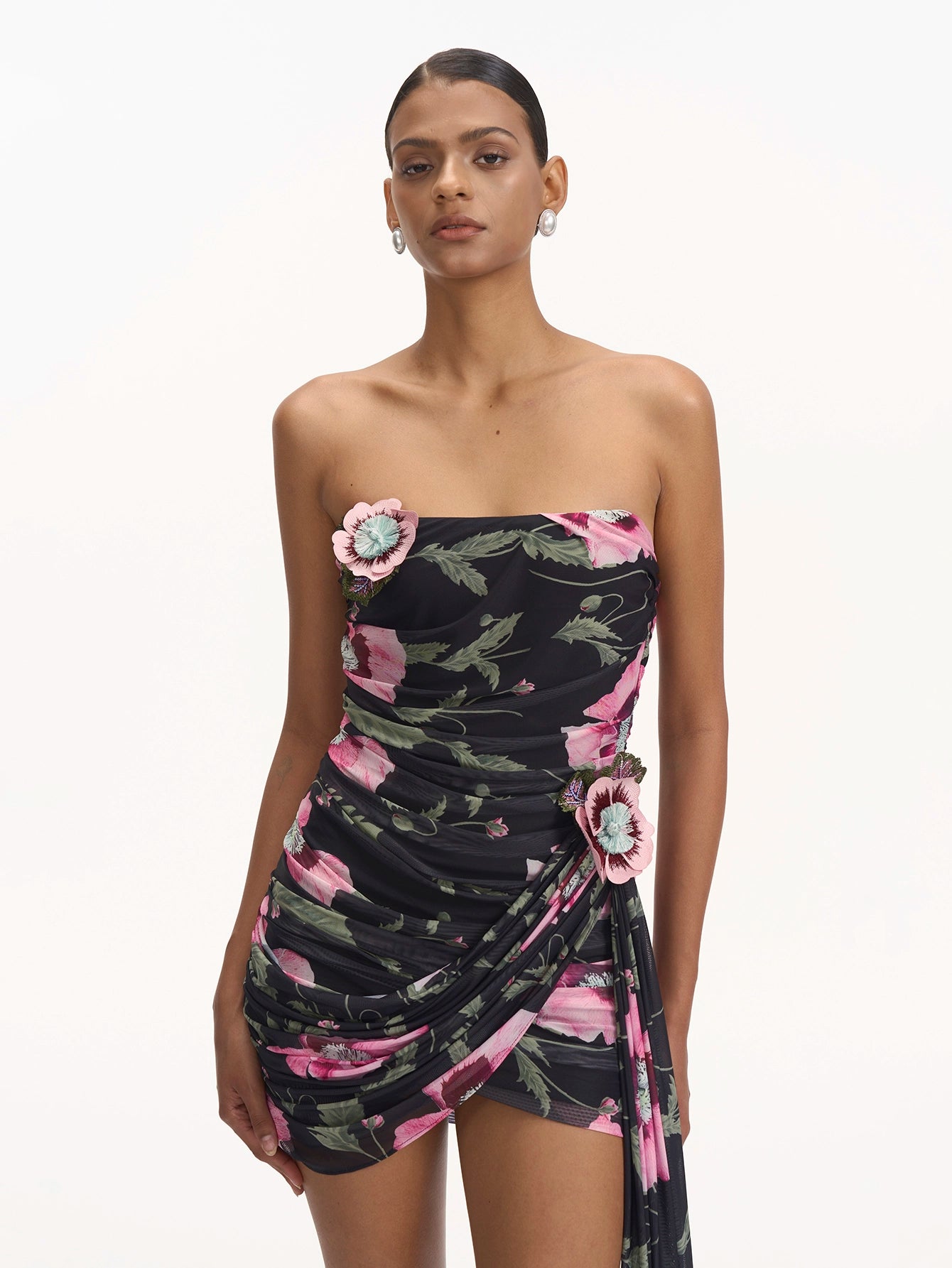 Floral Draped Mini Dress with Train