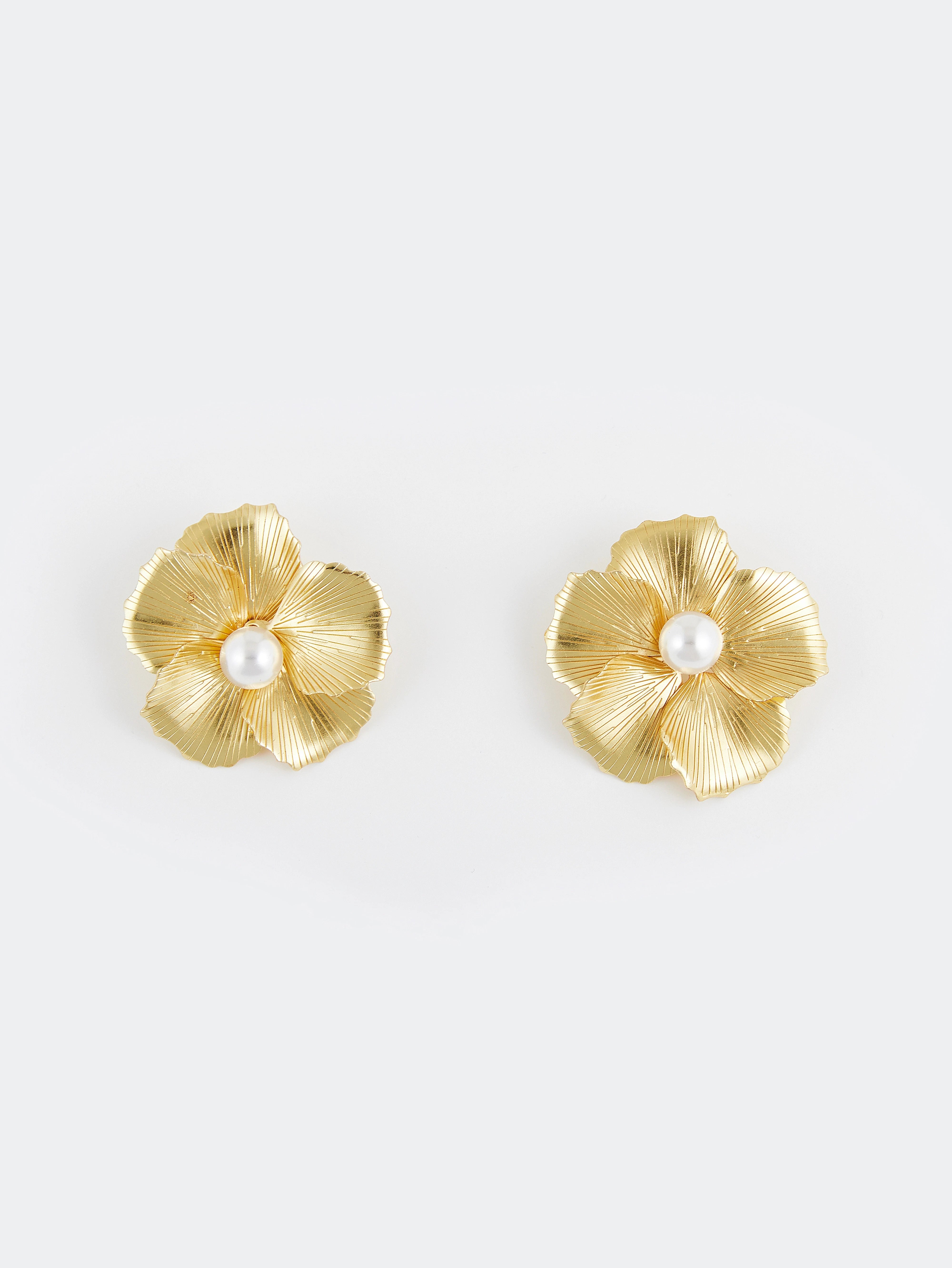 Luminous Gold Tone Floral Studs