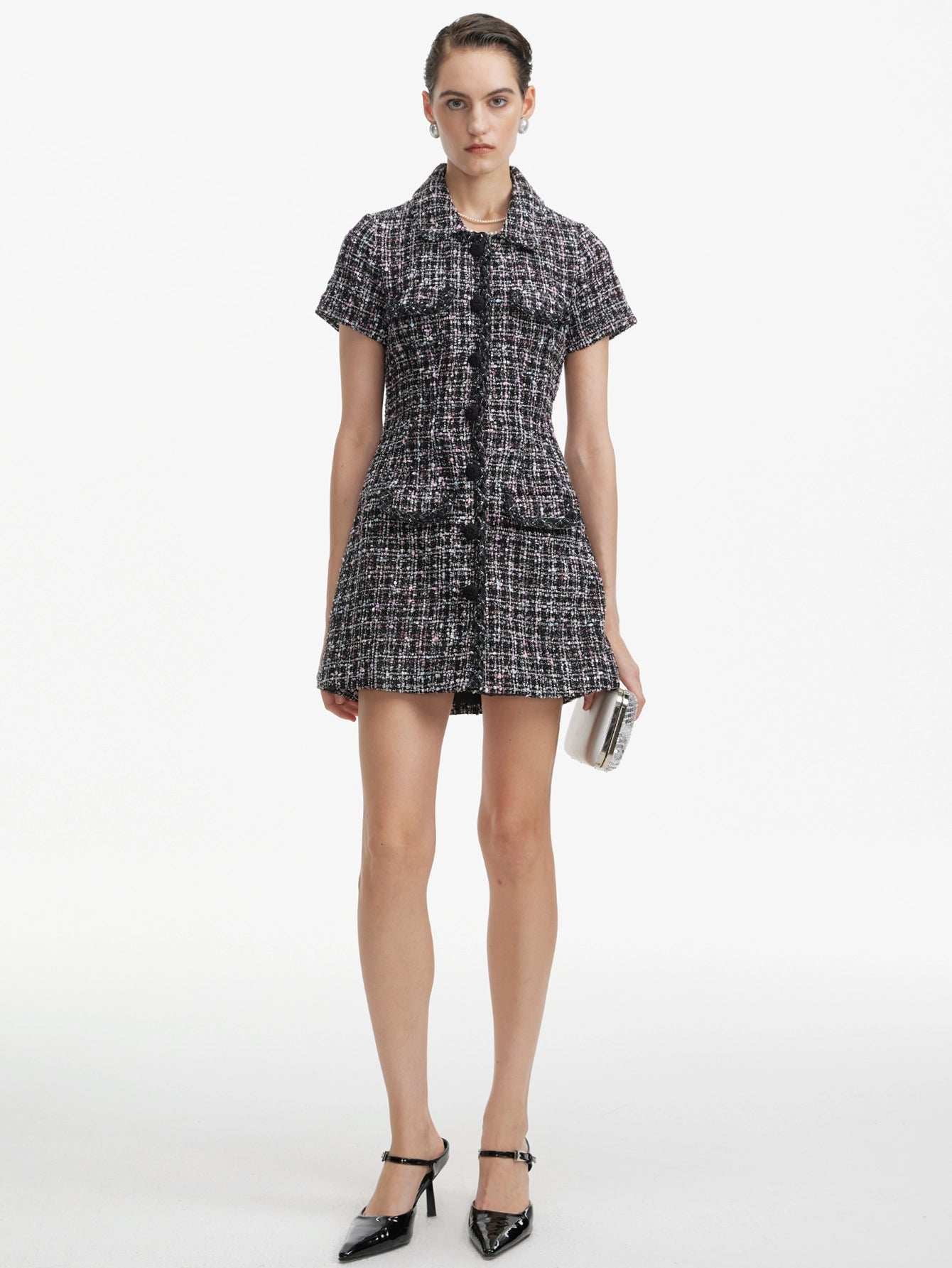 Tweed Mini Dress with Button