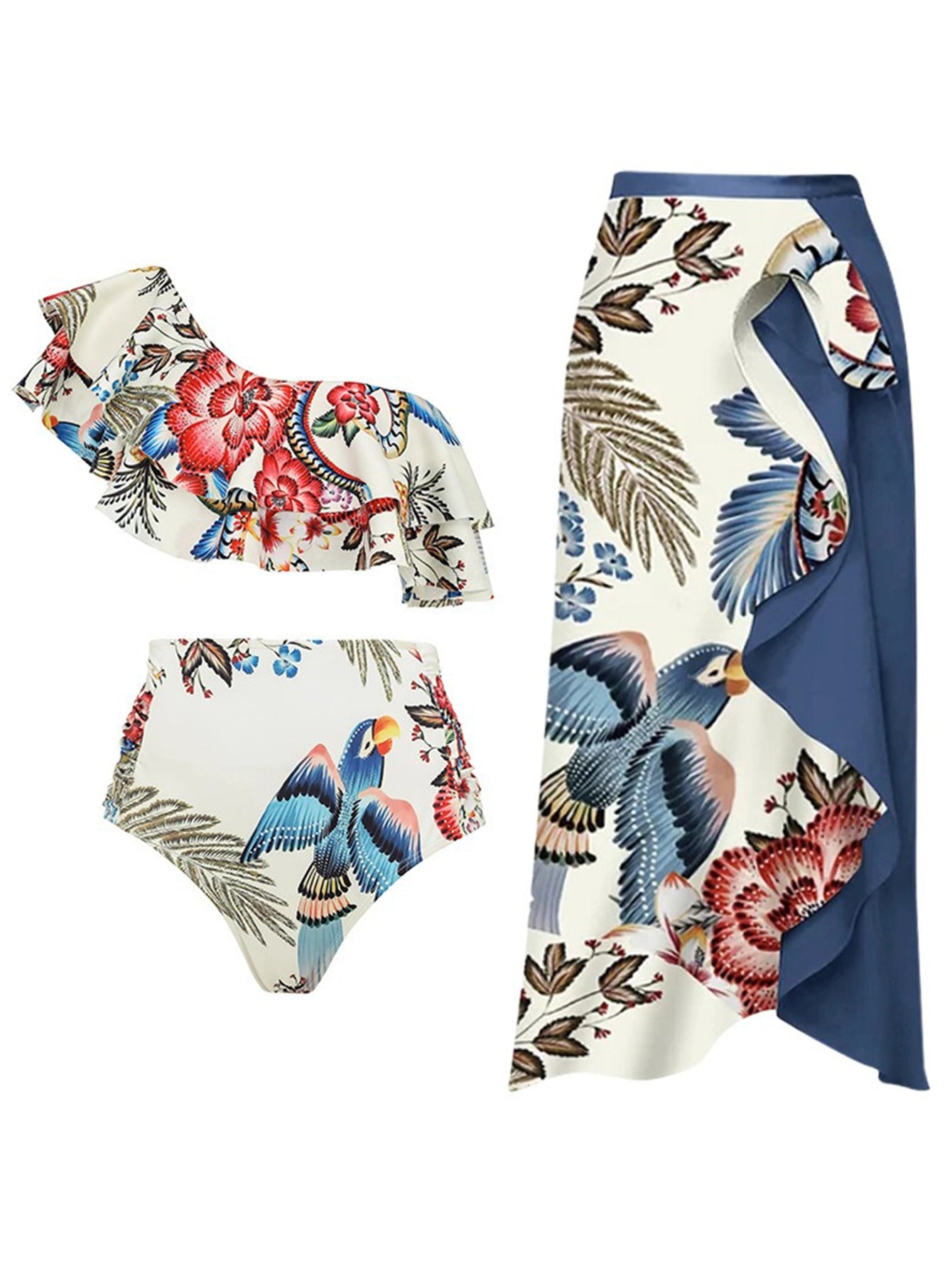 Bikini Ruffle Bird Print Swimsuit &  Skirt Set