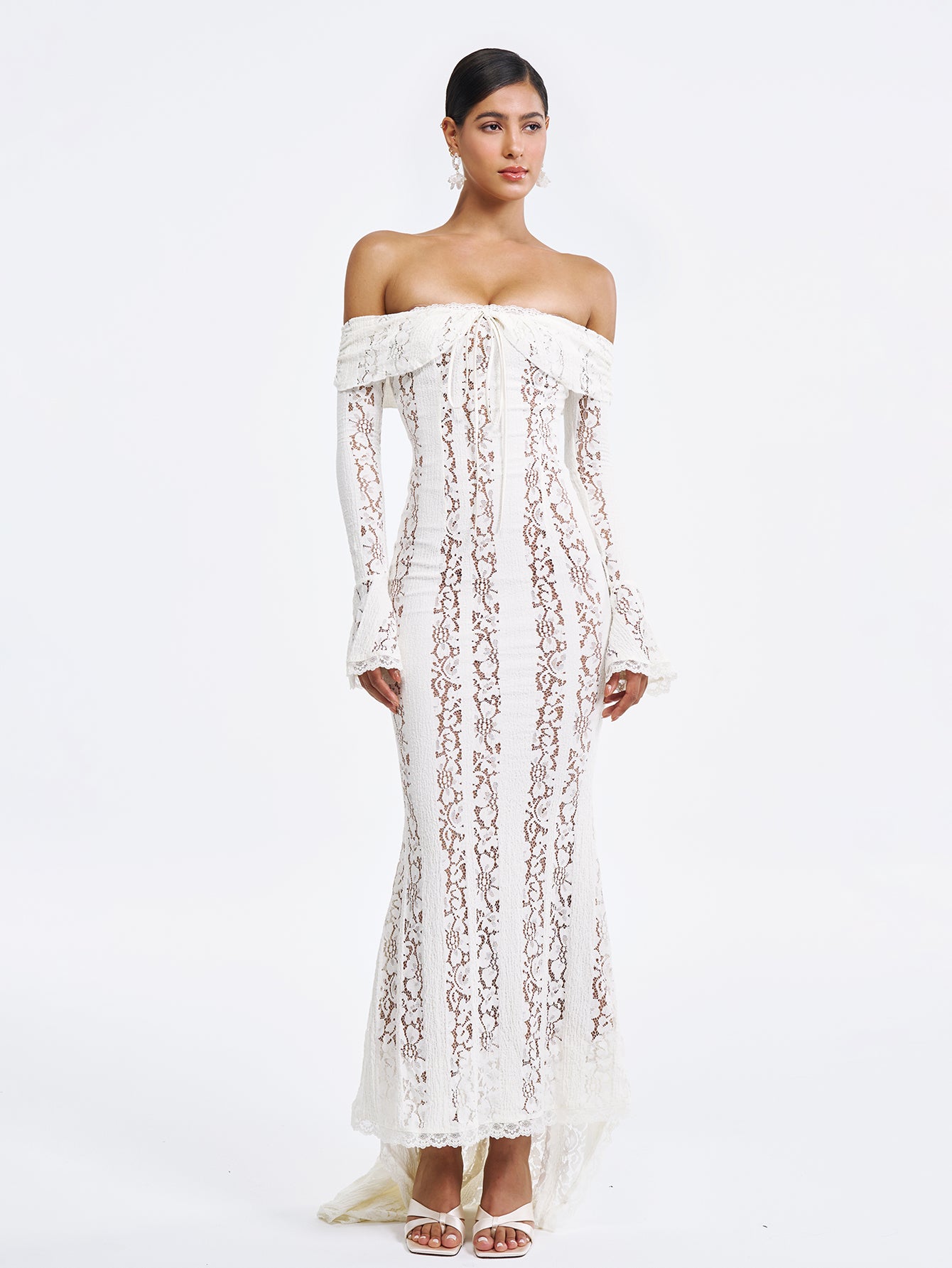 Floral Lace Long Sleeve Off Shoulder Maxi Dress