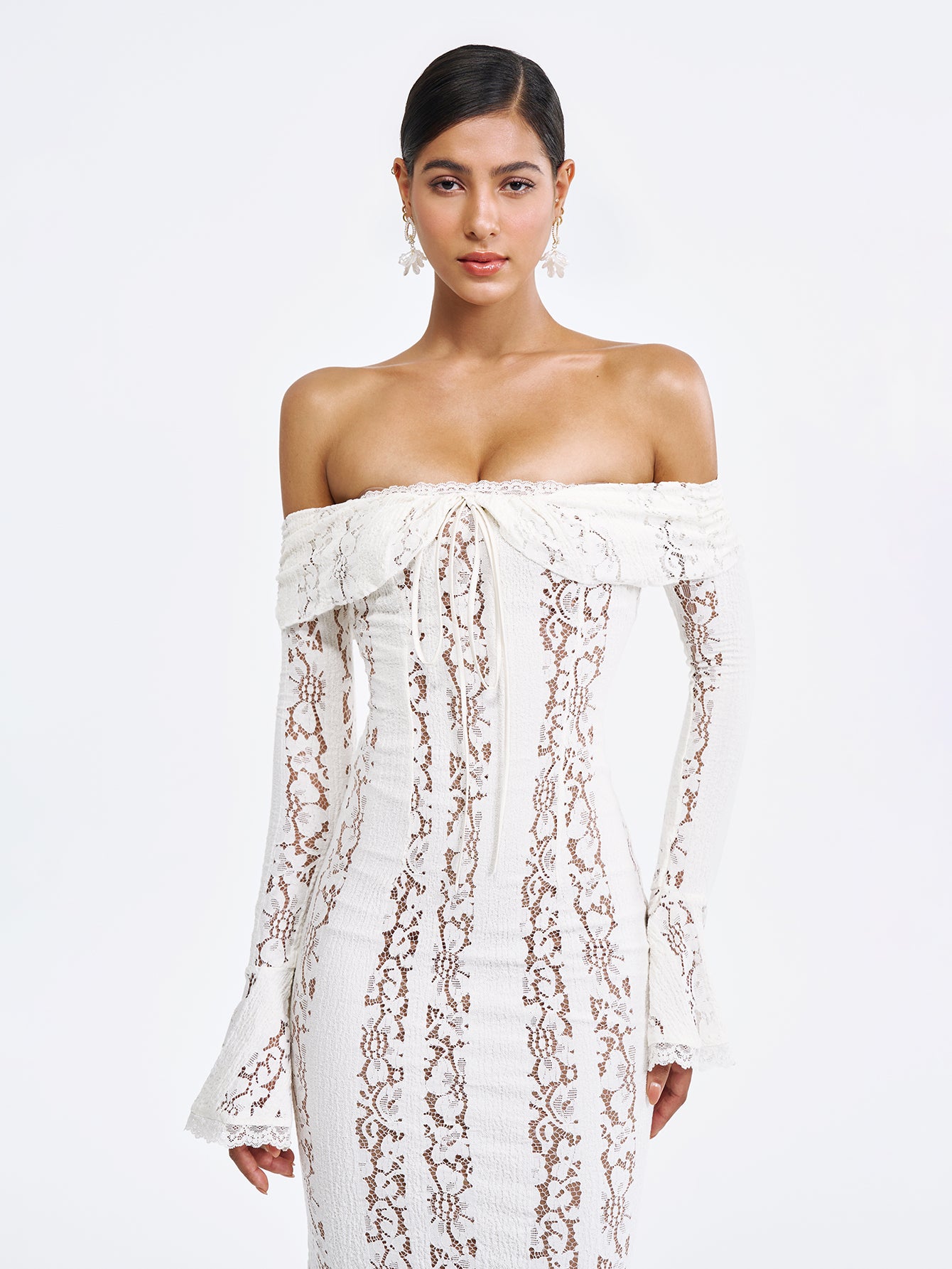 Floral Lace Long Sleeve Off Shoulder Maxi Dress