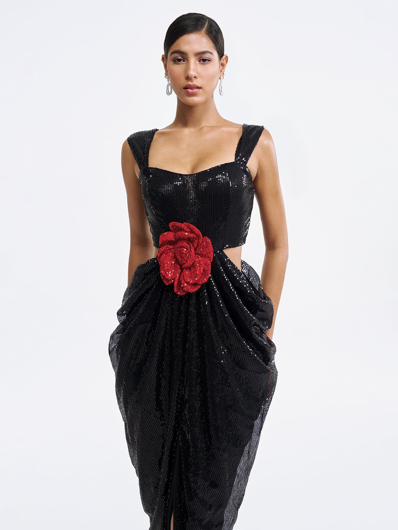 Sequin Gown with Red Flower Belt