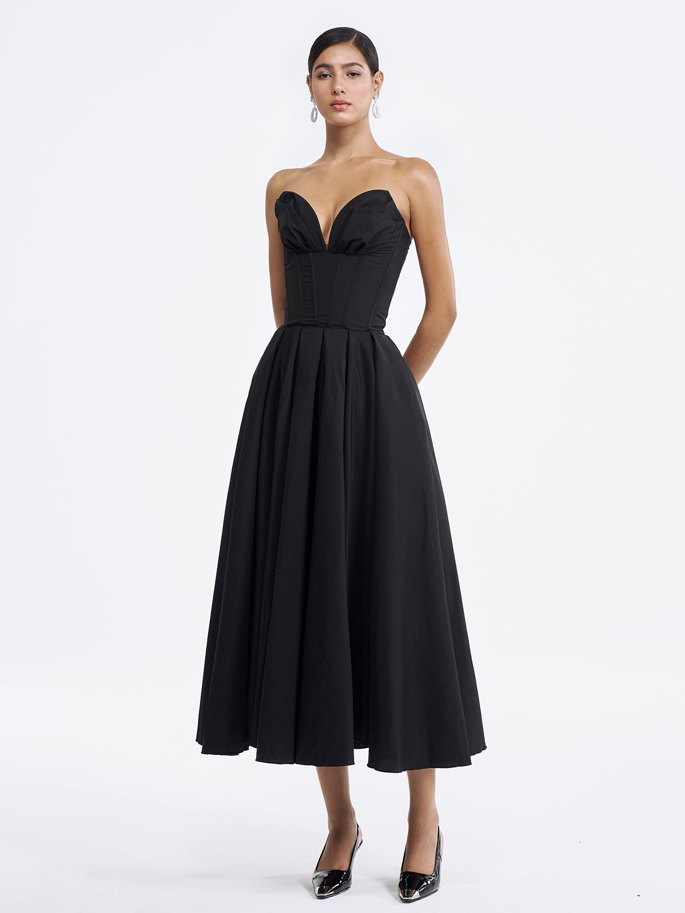 Solid Strapless Sleeveless Midi Dress