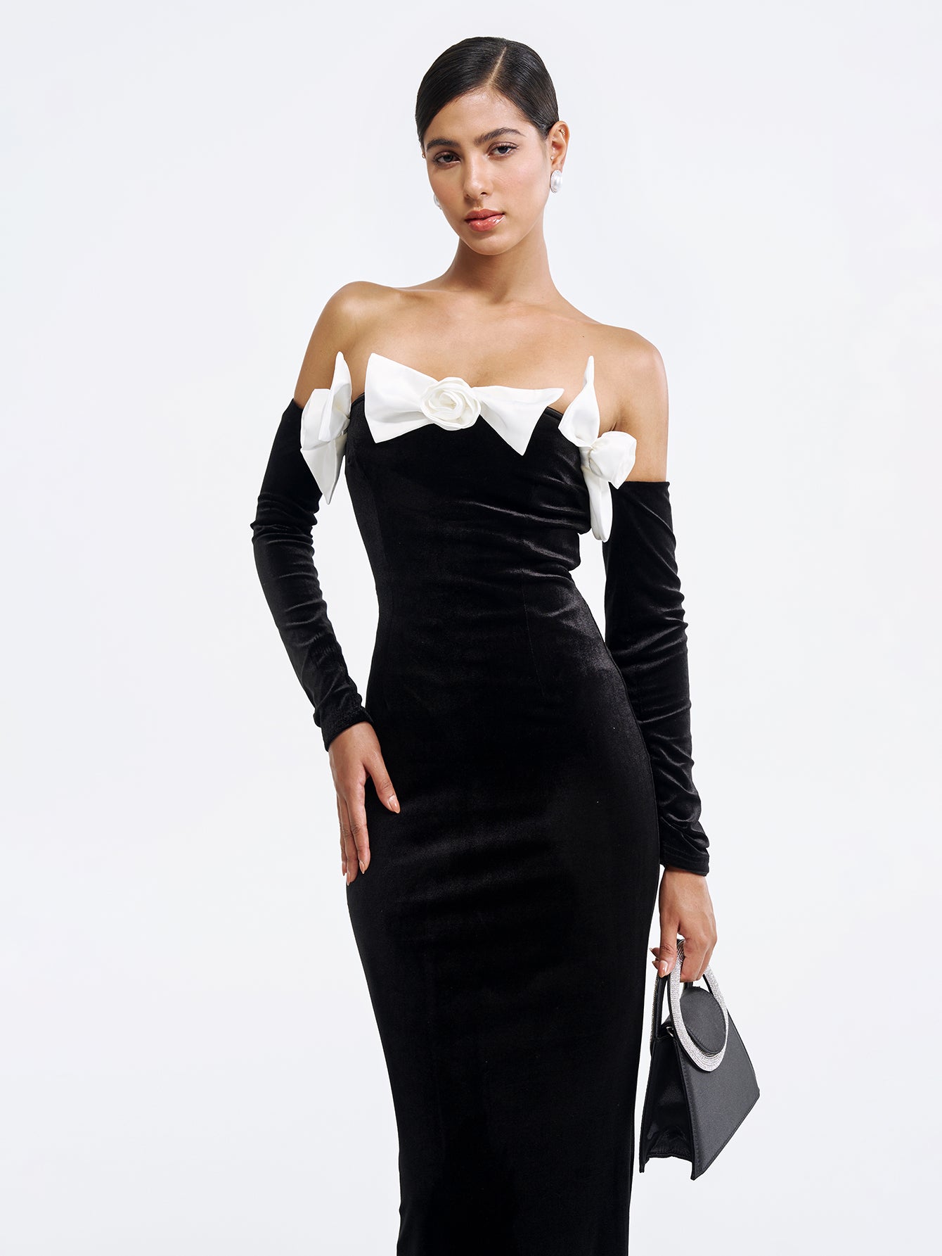 Off-the-Shoulder Velvet Gown with Bow Detailing - Black & White