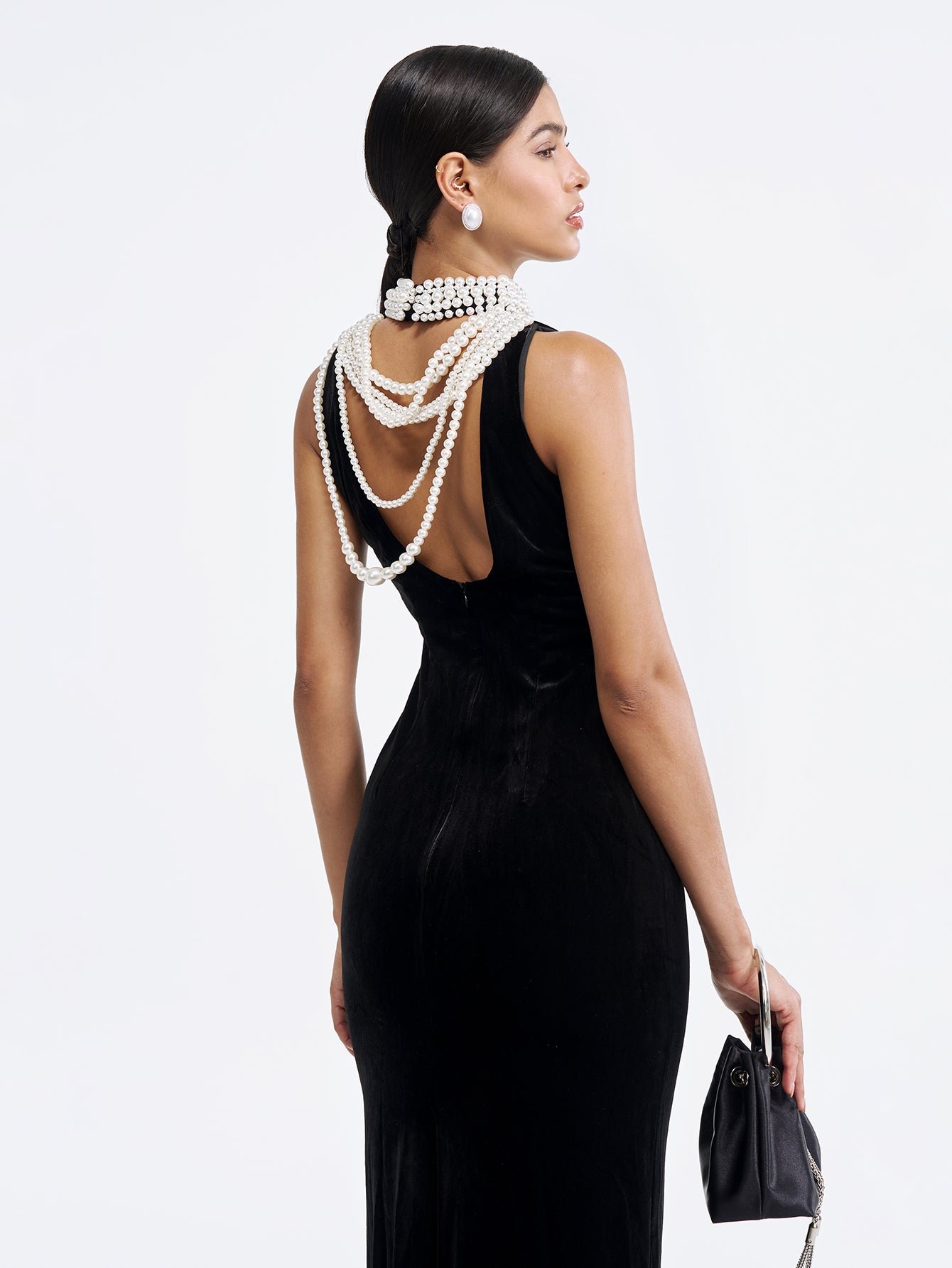 Black Velvet Gown with Pearl Embellished Neckline