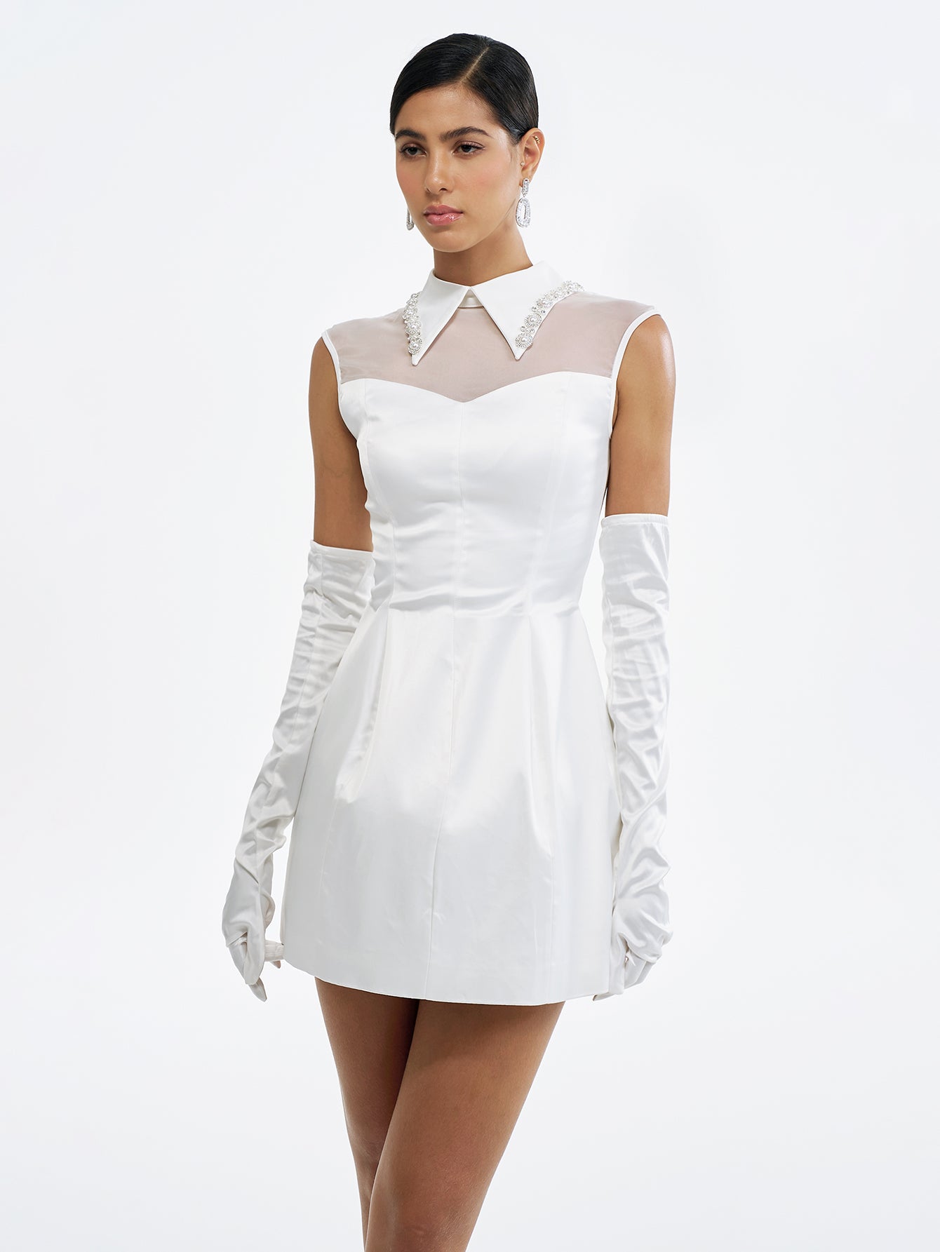 White Mini Dress with Sheer Collar and Gloves