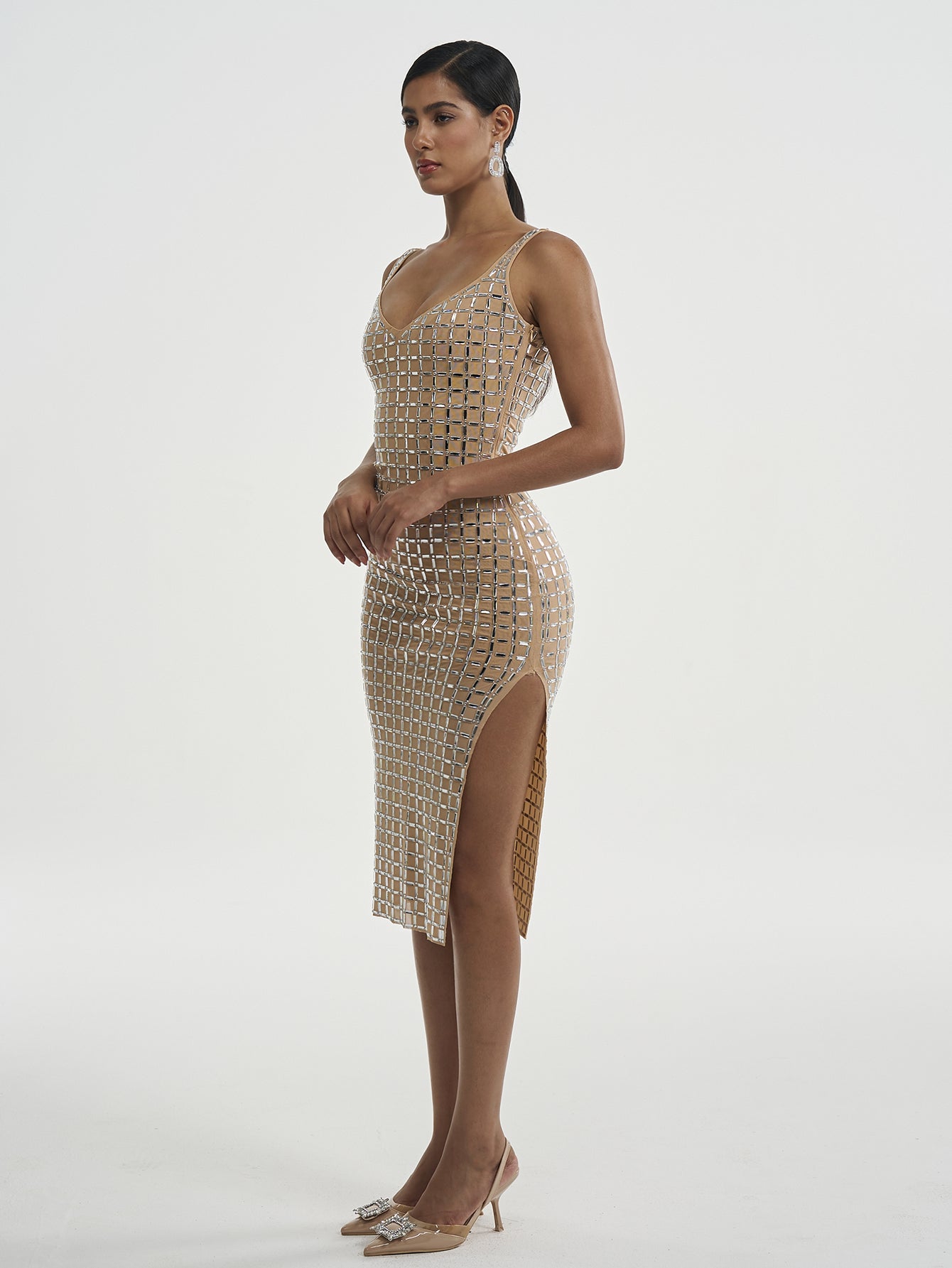 Sequin Grid Bodycon Dress with Slit