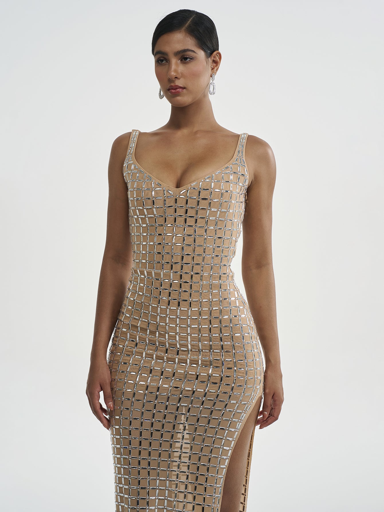 Sequin Grid Bodycon Dress with Slit