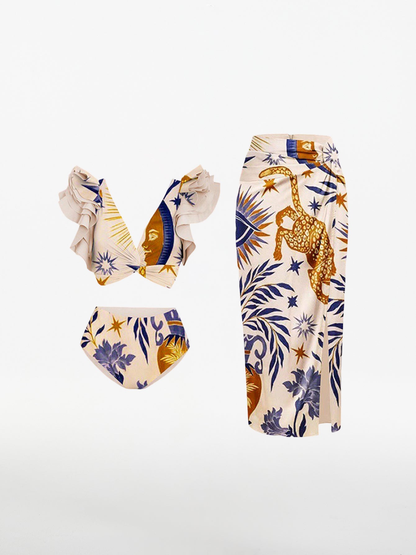 Ethnic Safari-Inspired Printed Swimsuit & Skirt Set