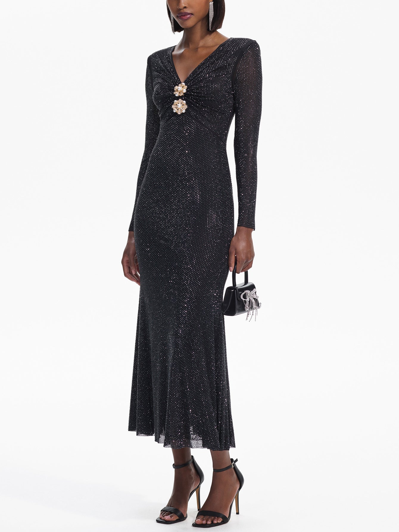 Sparkling V-Neck Gown with Brooch Detail