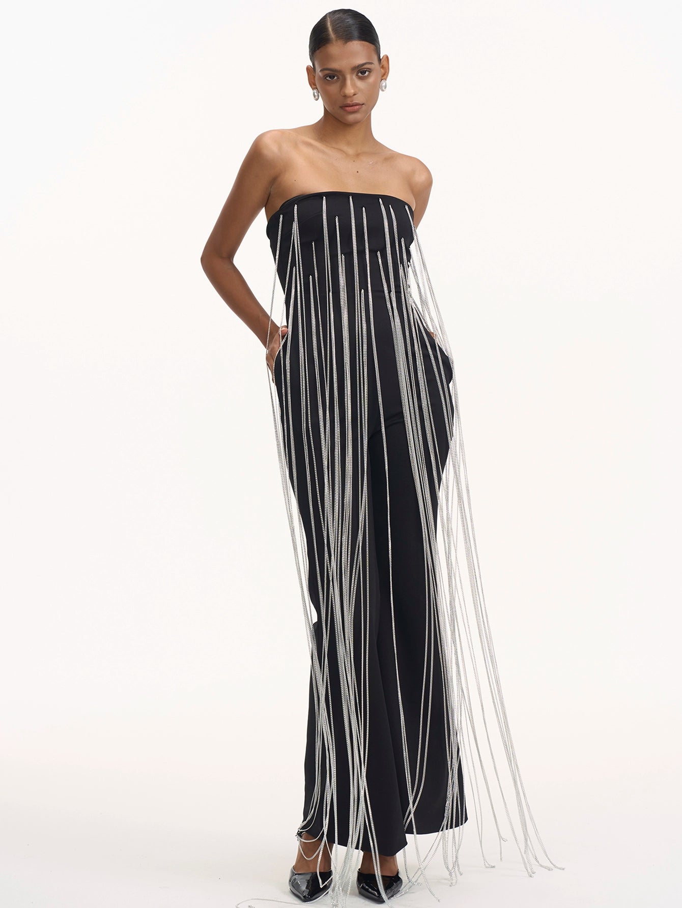 Cascading Chain Tassel Off-The-Shoulder Gown