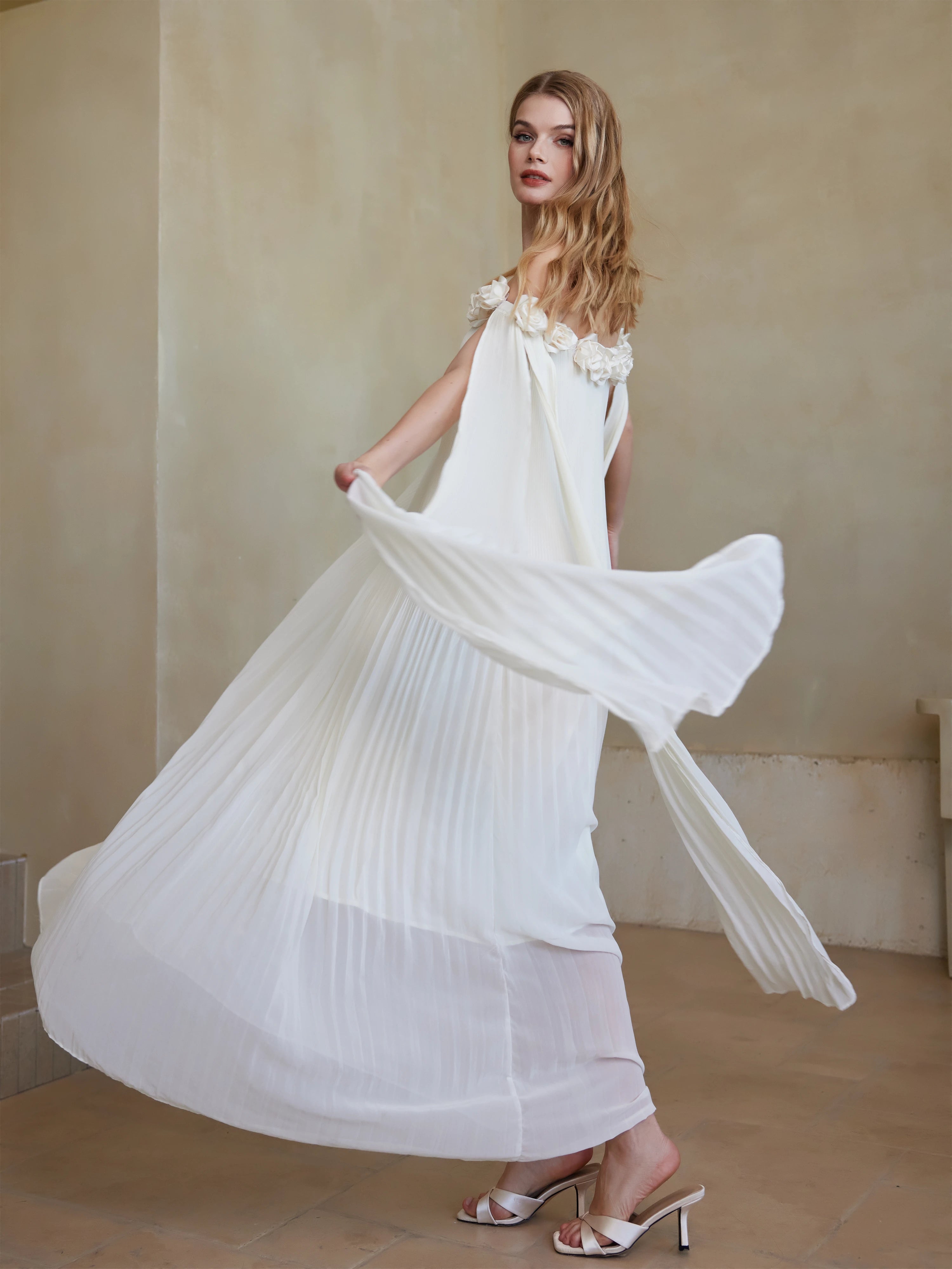 Flowy Off-Shoulder Pleated Gown