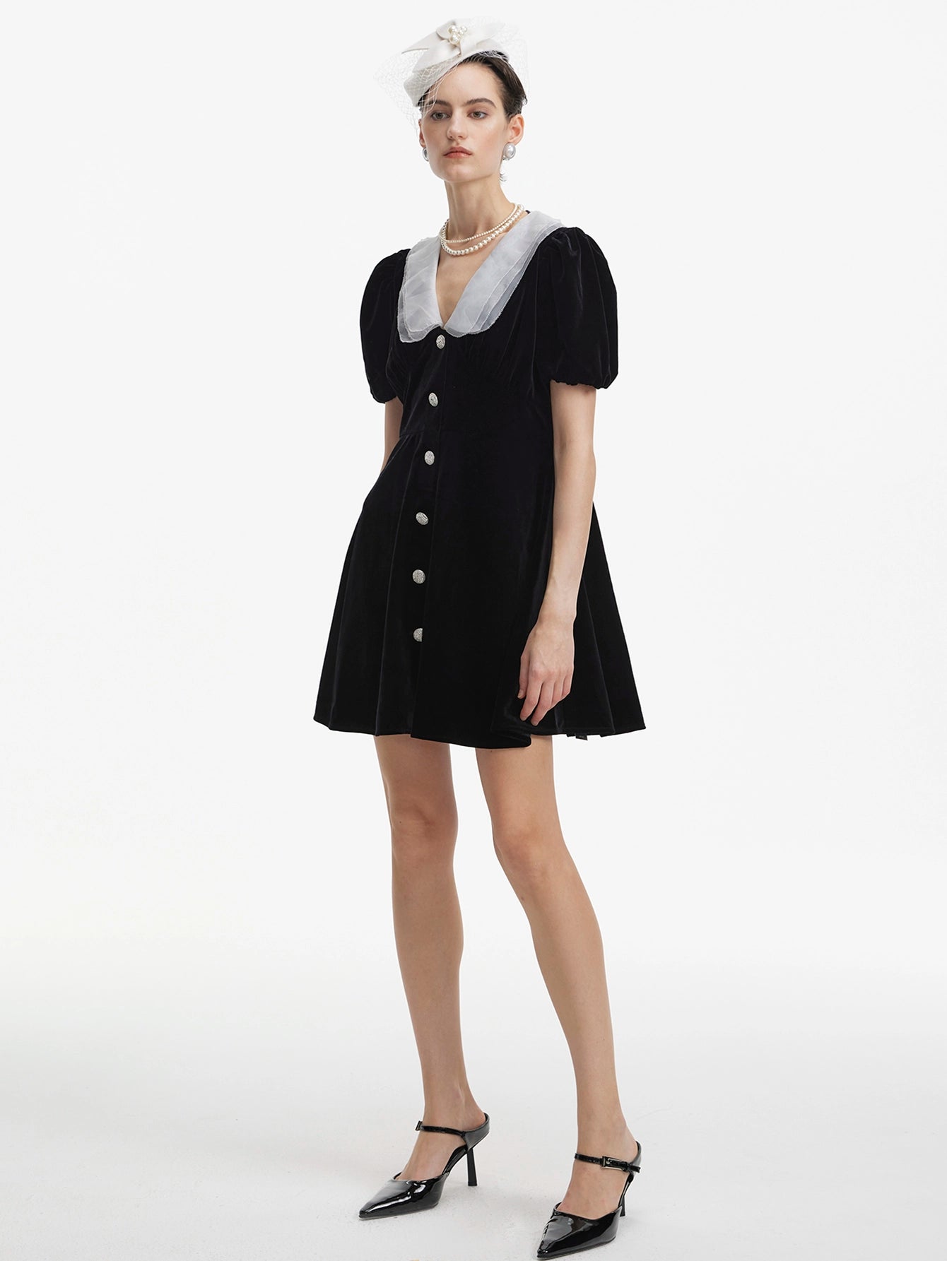 Peter Pan Collar Button Front Velvet Dress