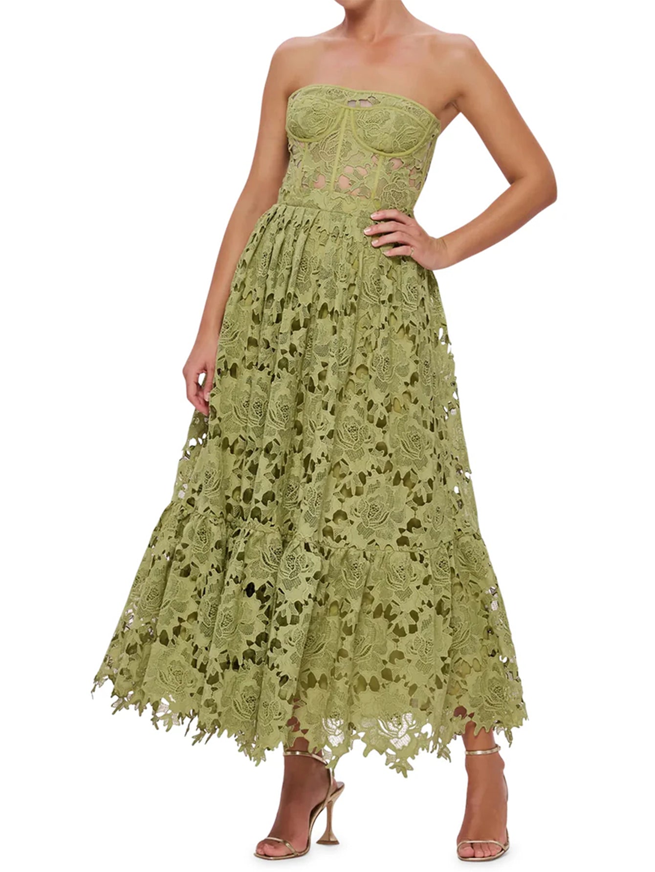 Green Guipure Lace Tea-Length Dress - Elegant & Timeless