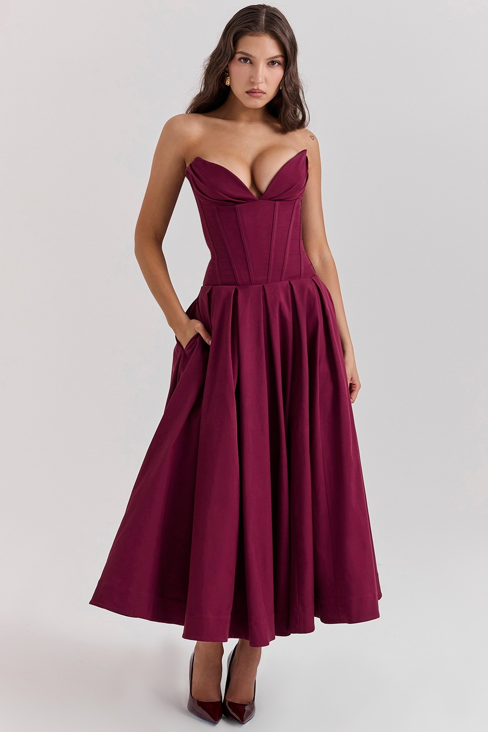 Solid Strapless Sleeveless Midi Dress