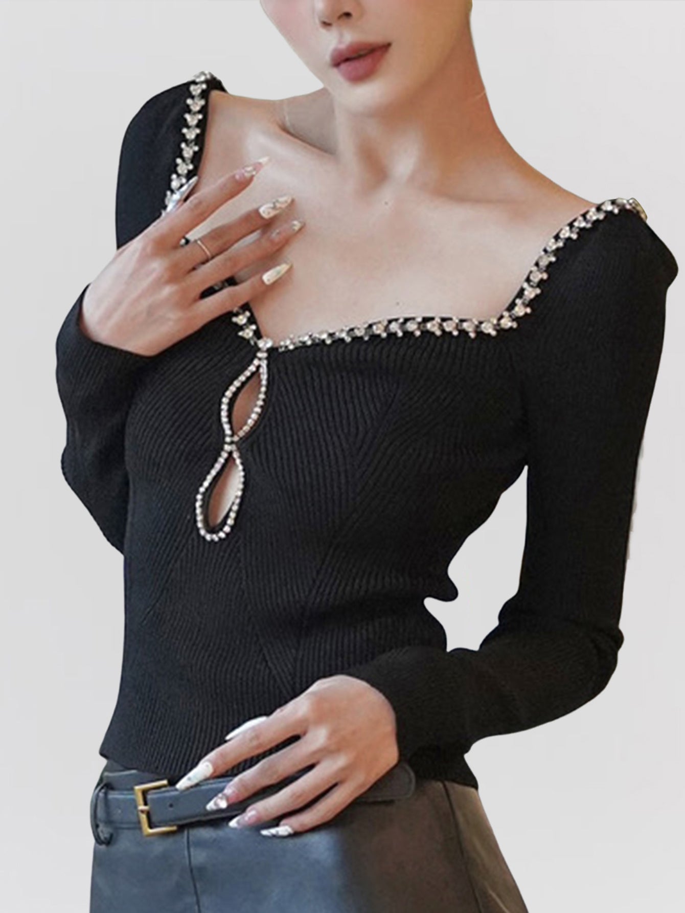 Square Neck Crystal-Embellished Knit Top