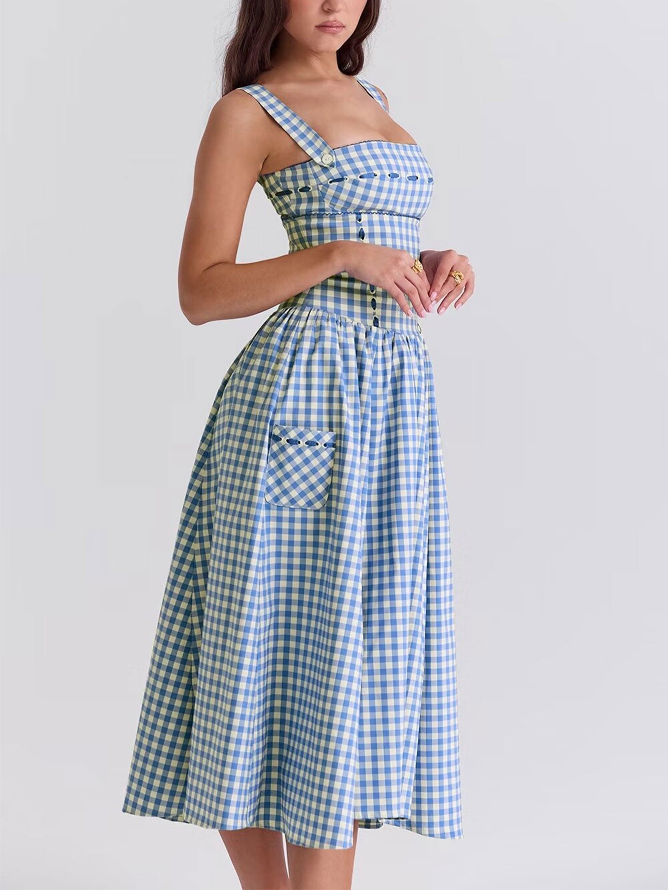 Plaid Checkered Sundress with Pockets - Retro Style Midi Dress for Women - fashionprilin