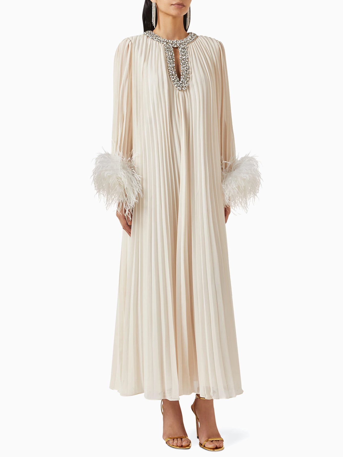 Feathered Cuff Embellished Pleated Gown