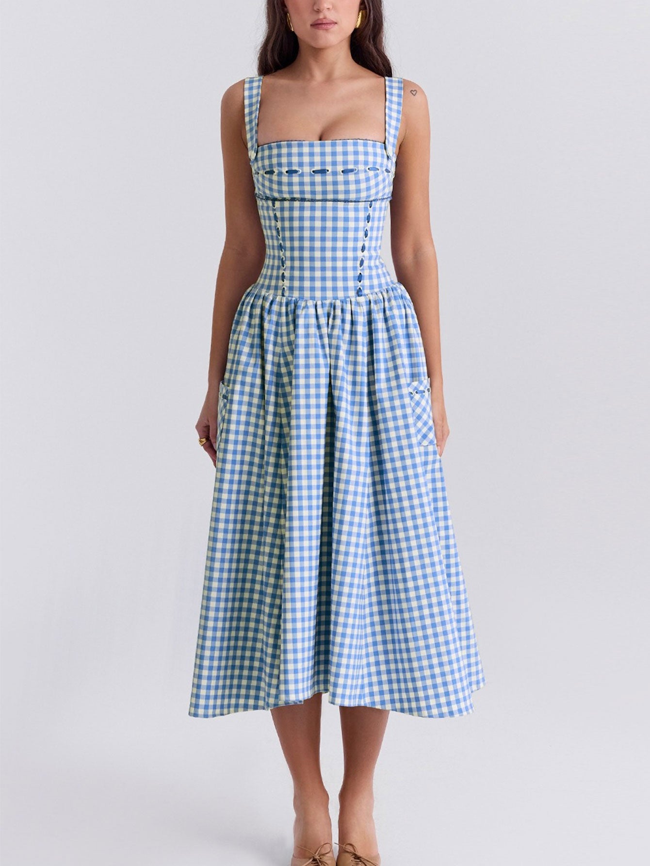 Plaid Checkered Sundress with Pockets - Retro Style Midi Dress for Women - fashionprilin