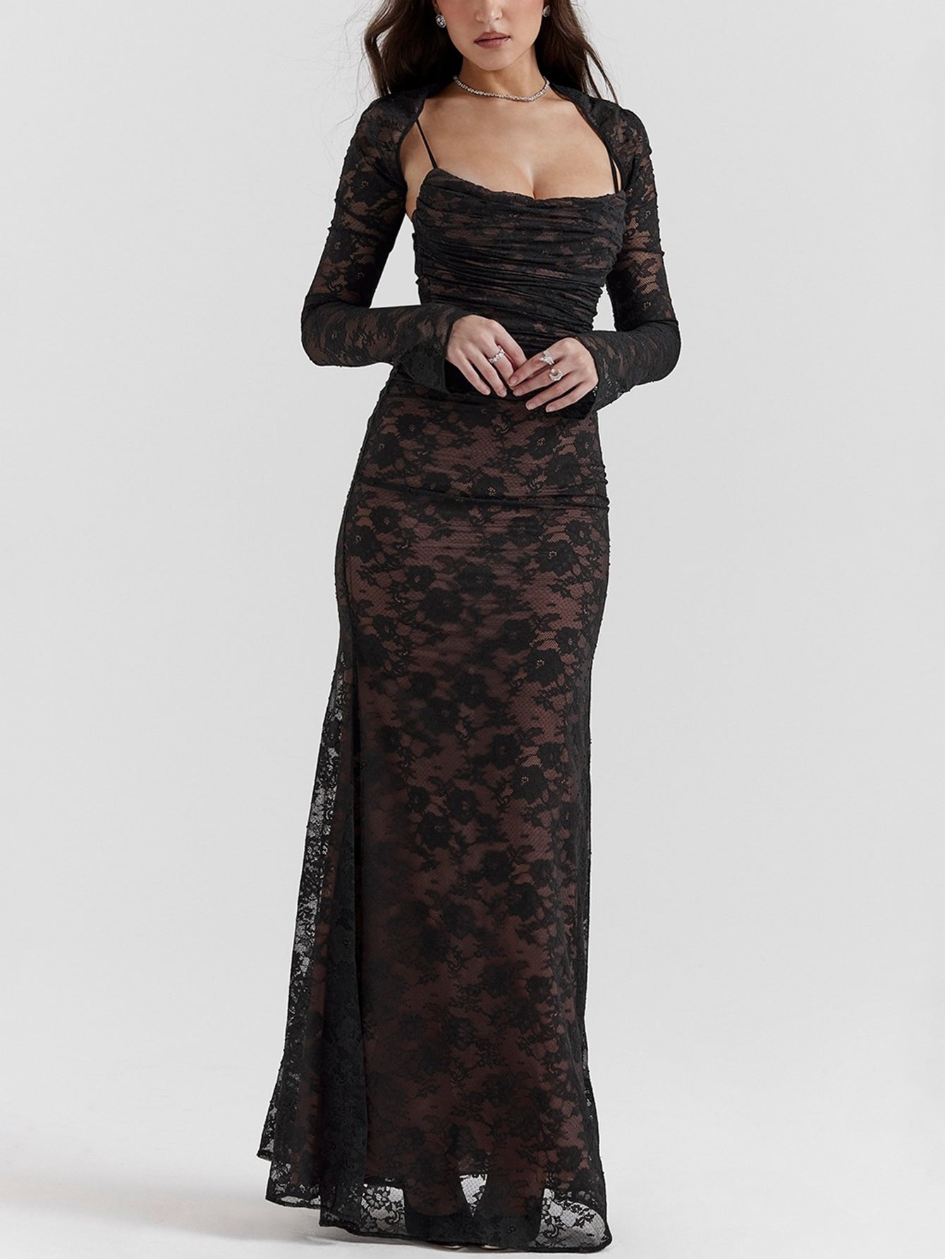 Sexy Shrug Ruched Lace Maxi Fishtail Dress - fashionprilin