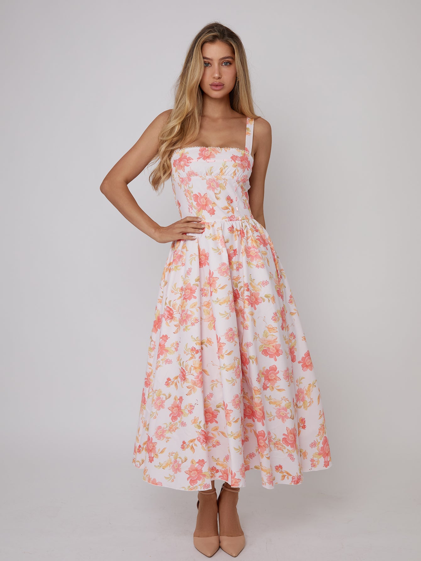 Floral Print Maxi Dress with Square Neckline