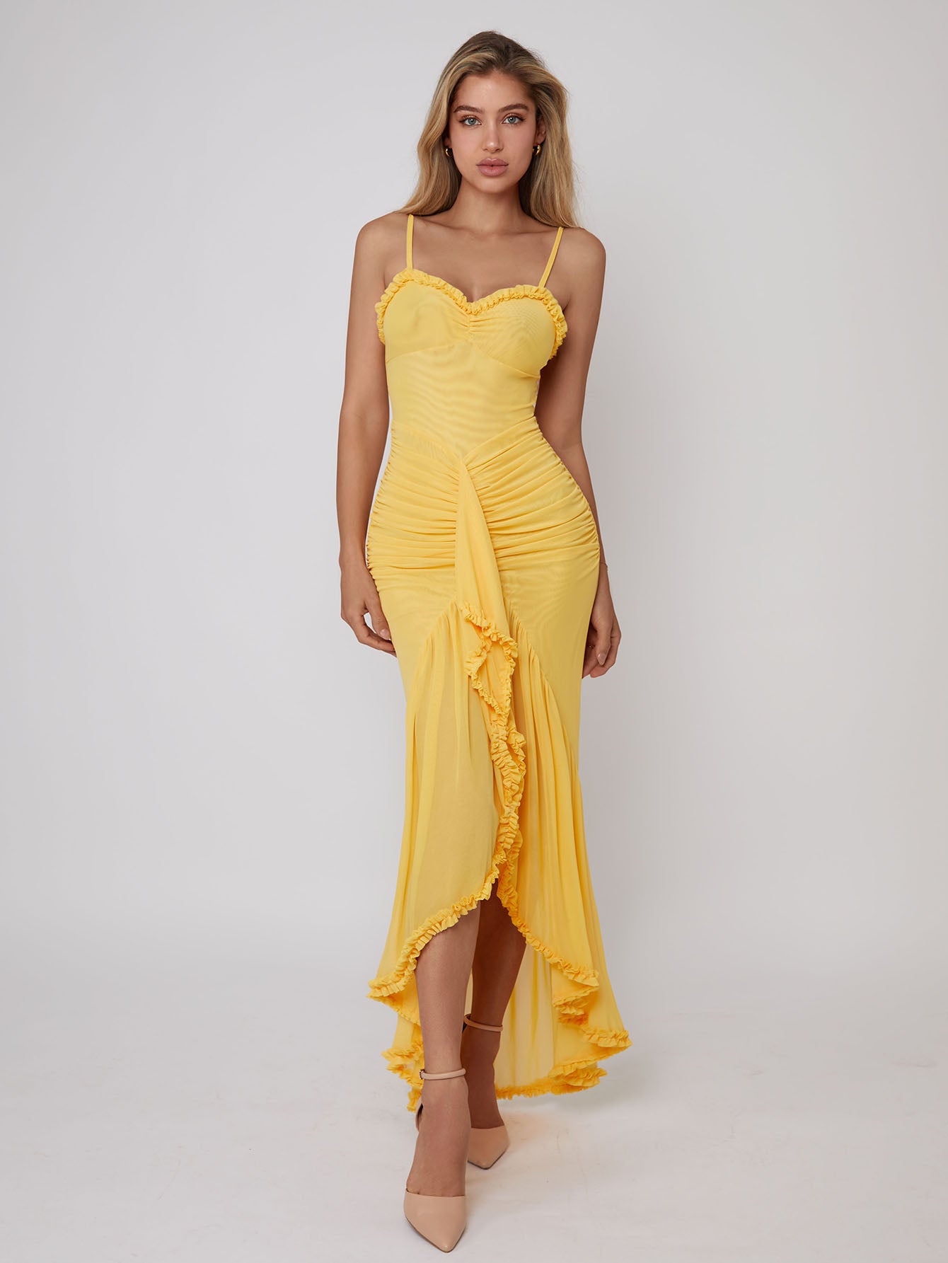 Spaghetti Strap Ruffles Hem High Low Frill Maxi Dress