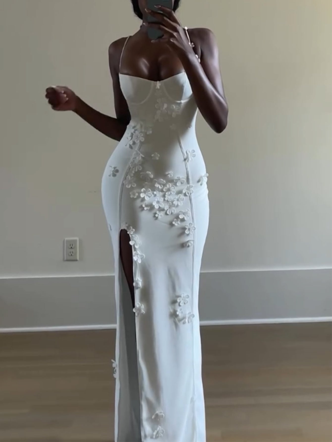 Floral Embellished White Gown with Slit