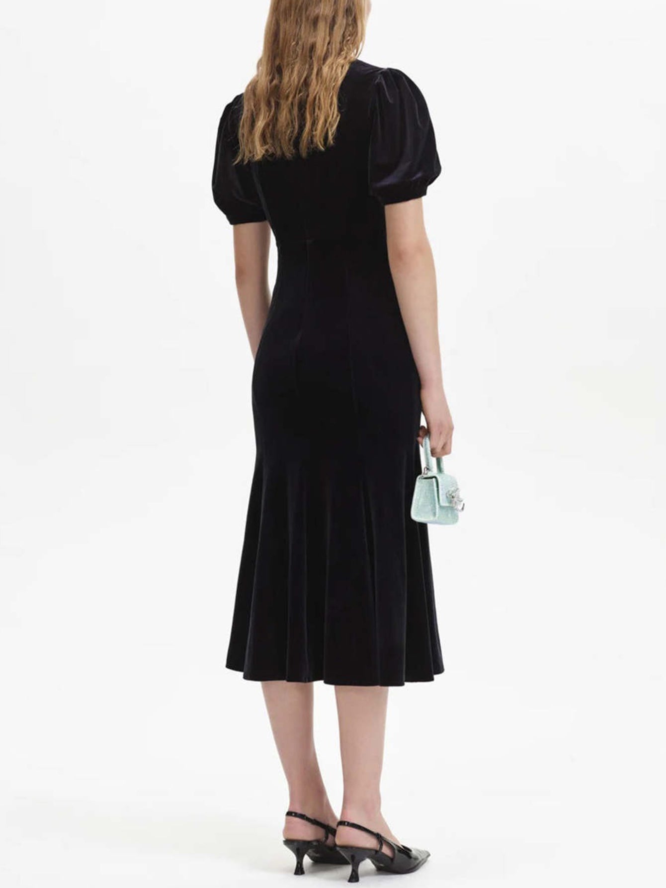 Elegant Velvet Midi Dress with Puff Sleeves