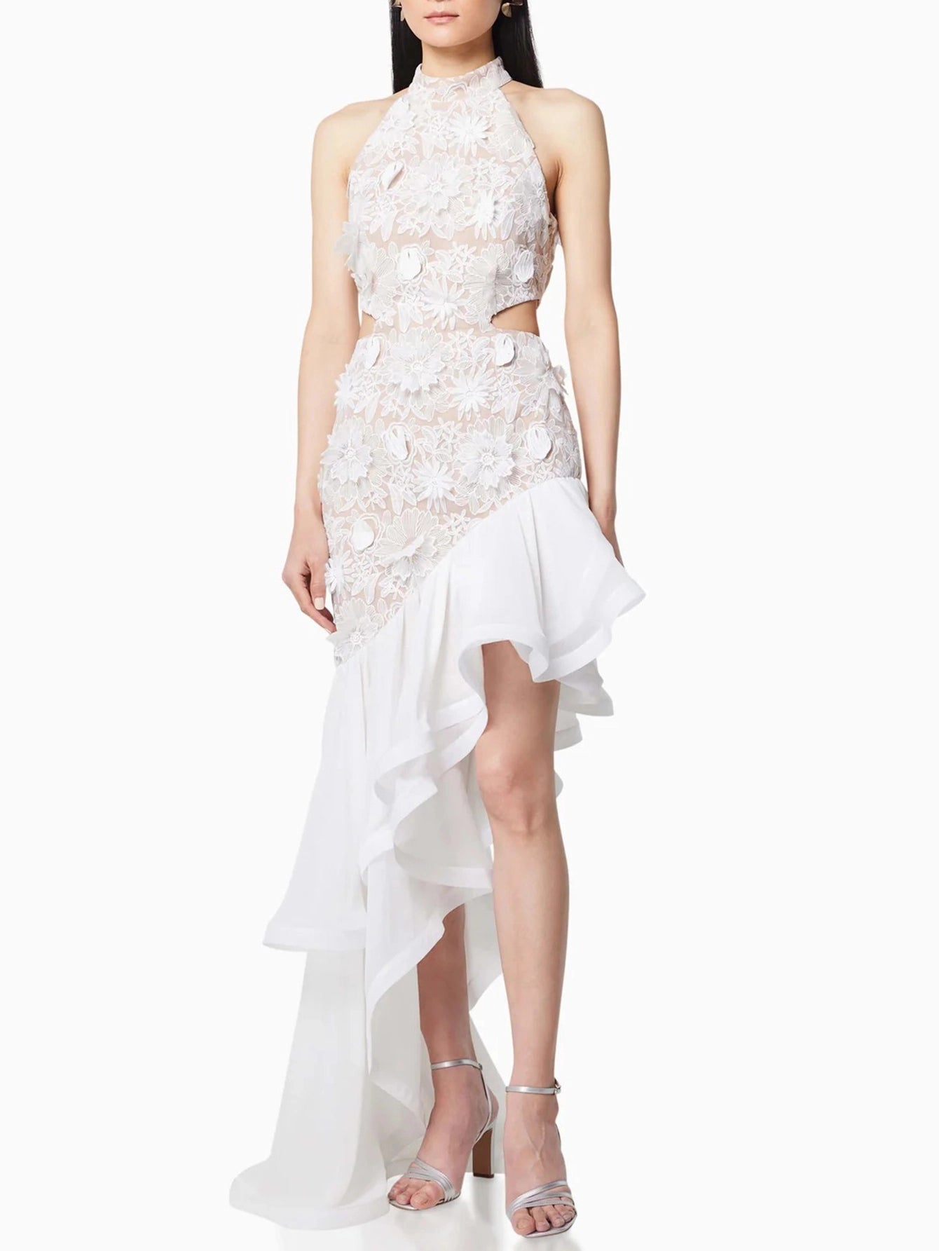 Floral Lace Overlay Asymmetric Hem Dress