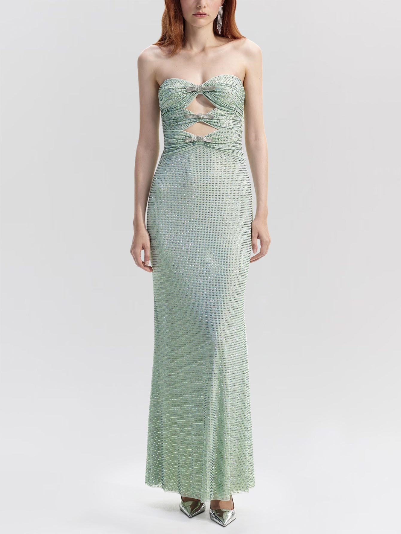 Sparkling  Strapless Maxi Dress with Cutouts and Crystals