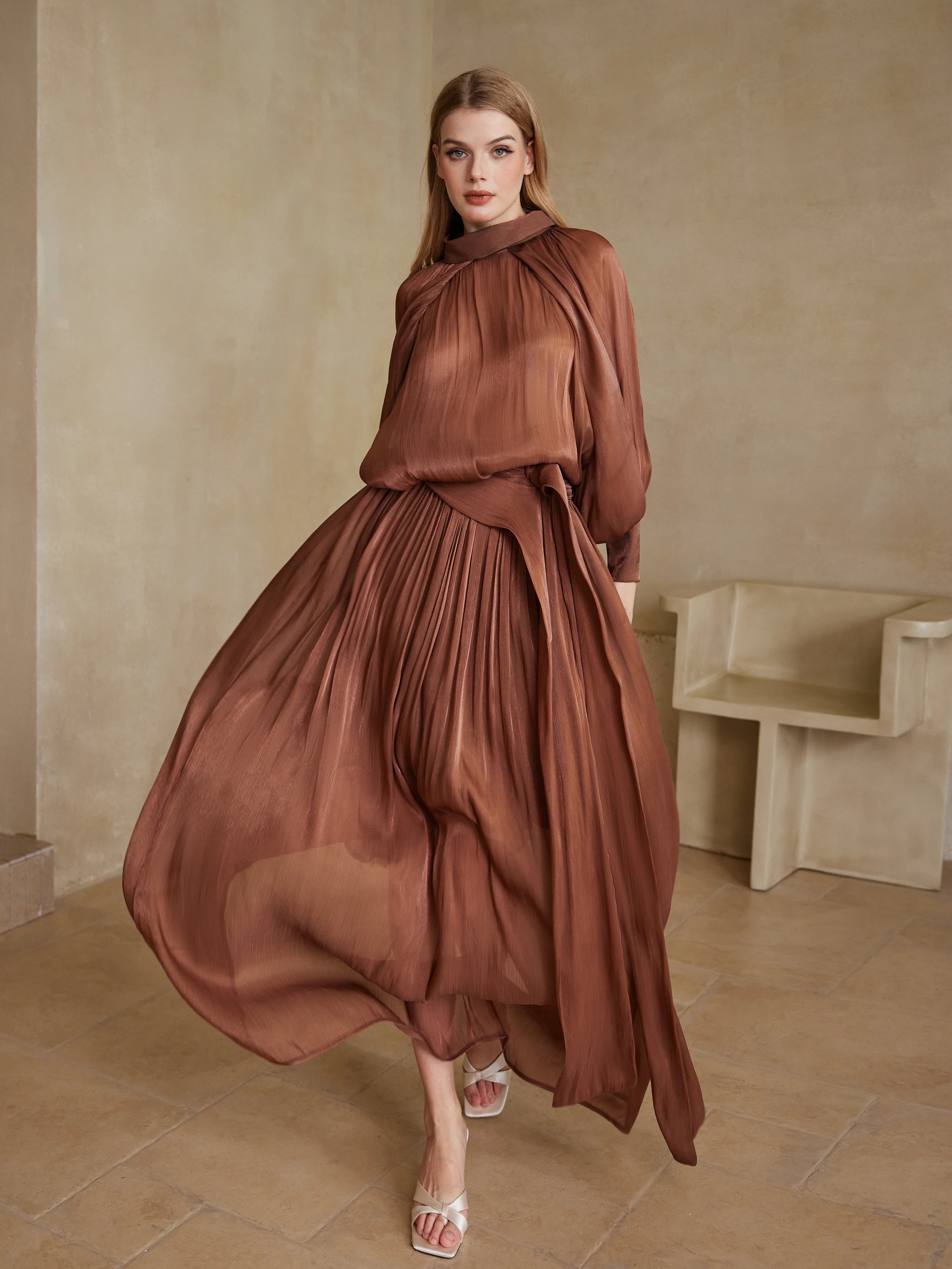 Elegant Silk-Touch Cape Top & Skirt Set