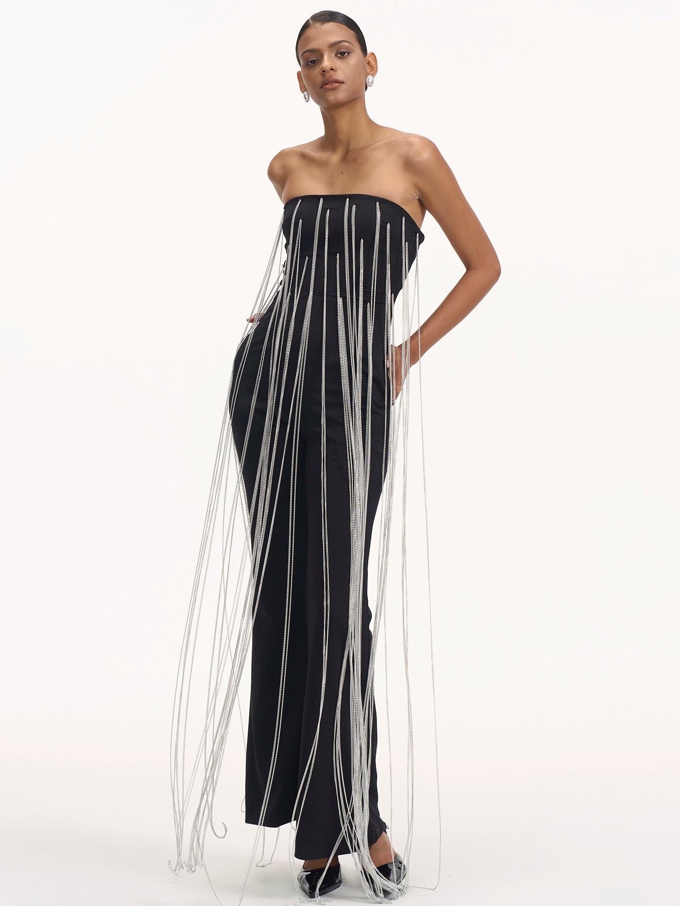 Cascading Chain Tassel Off-The-Shoulder Gown