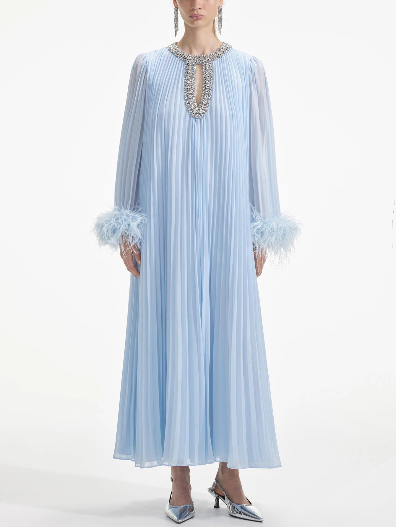 Feathered Cuff Embellished Pleated Gown