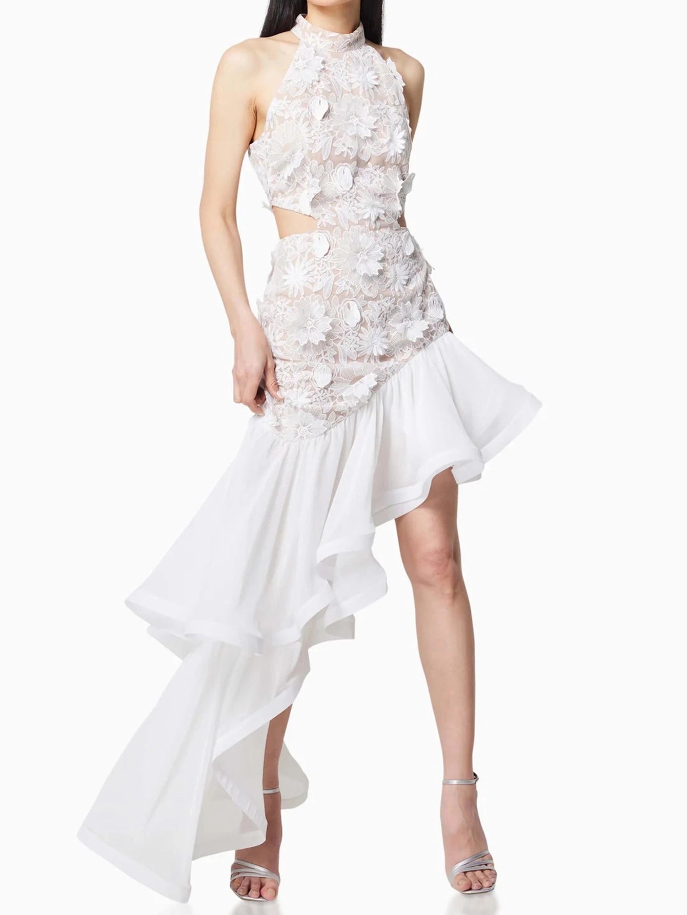 Floral Lace Overlay Asymmetric Hem Dress