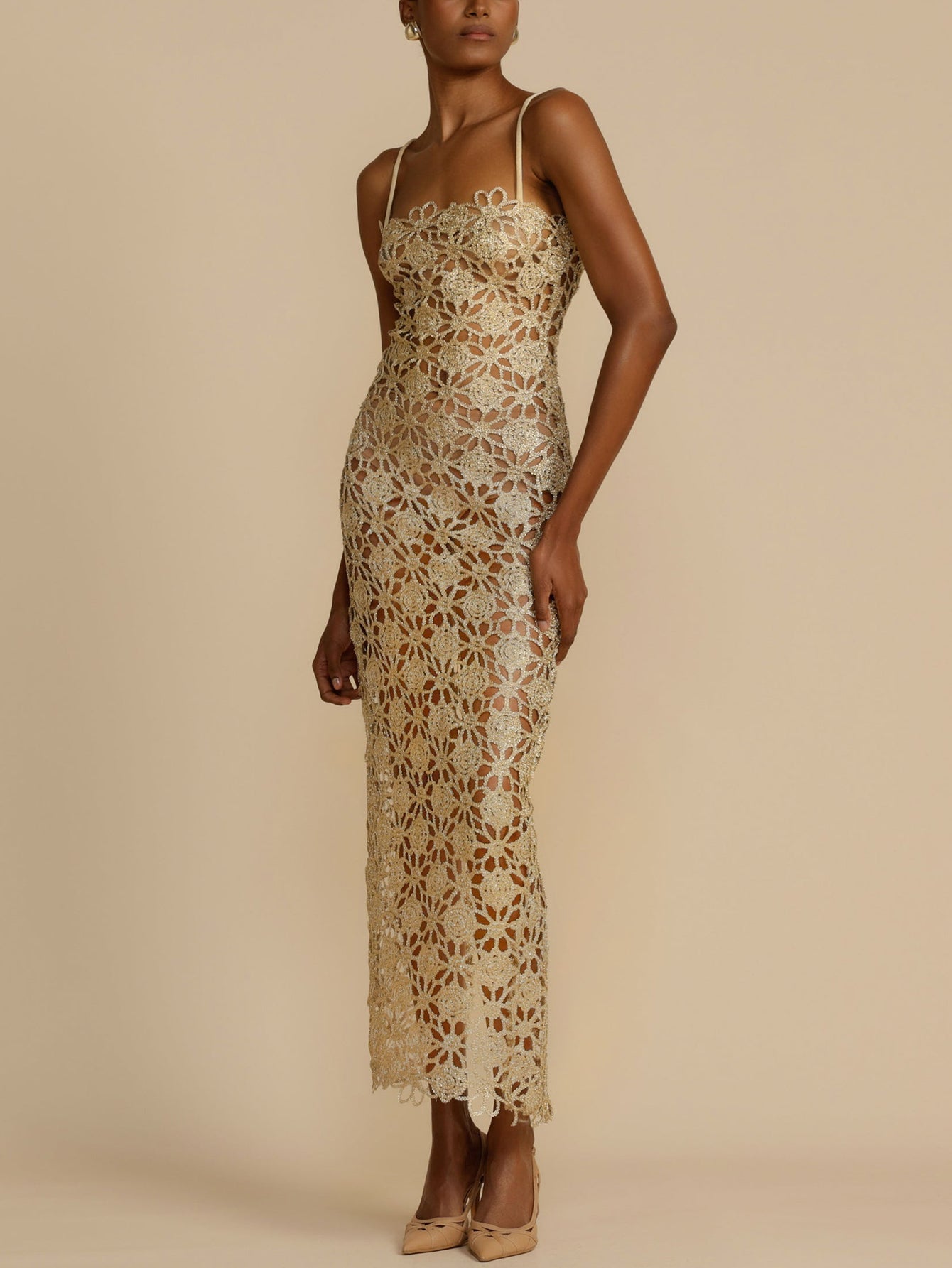 Halterneck Midi Dress with Intricate Crochet Detailing