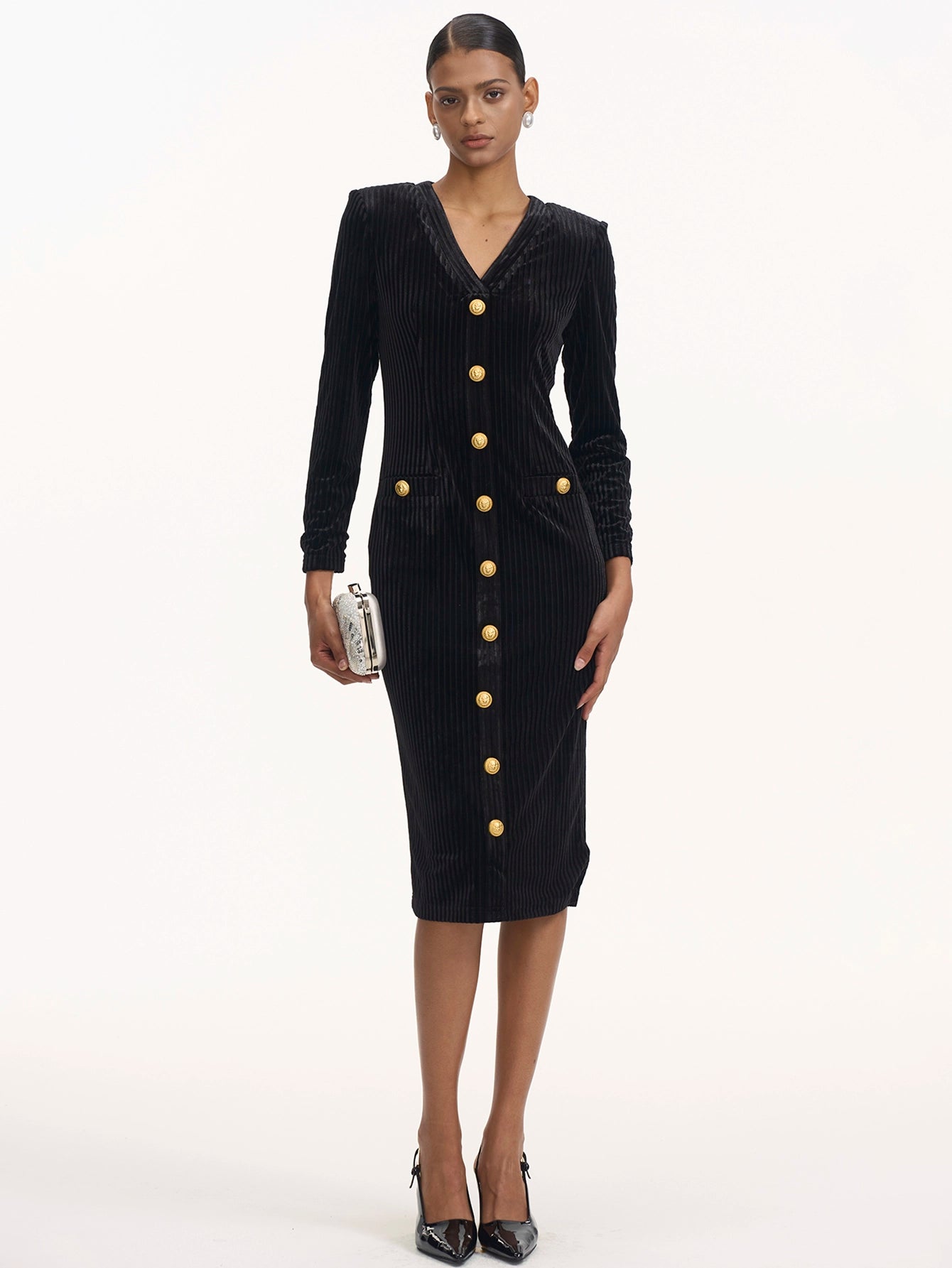 Elegant Midi Dress with Gold Buttons(Silvia)