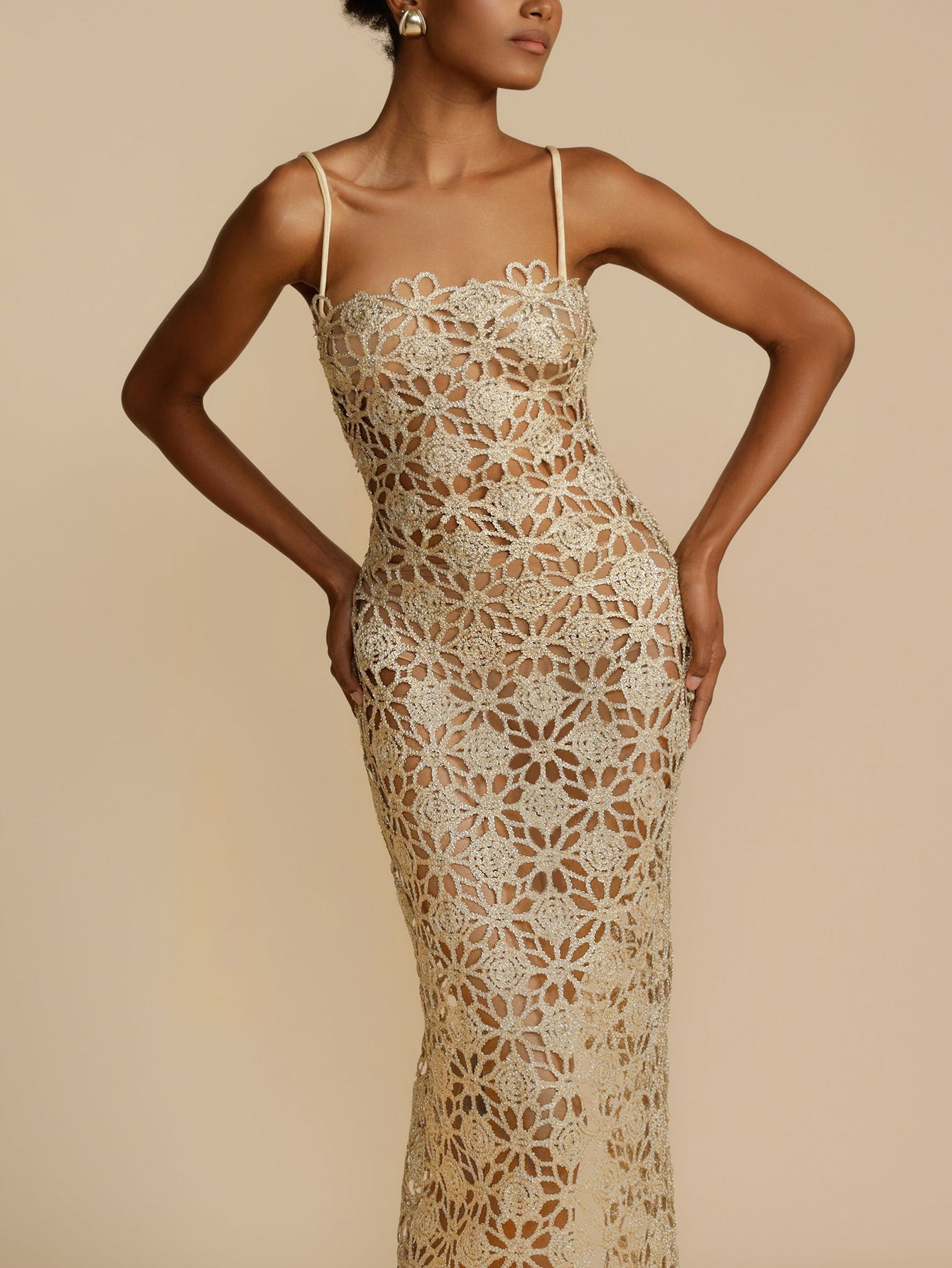 Halterneck Midi Dress with Intricate Crochet Detailing