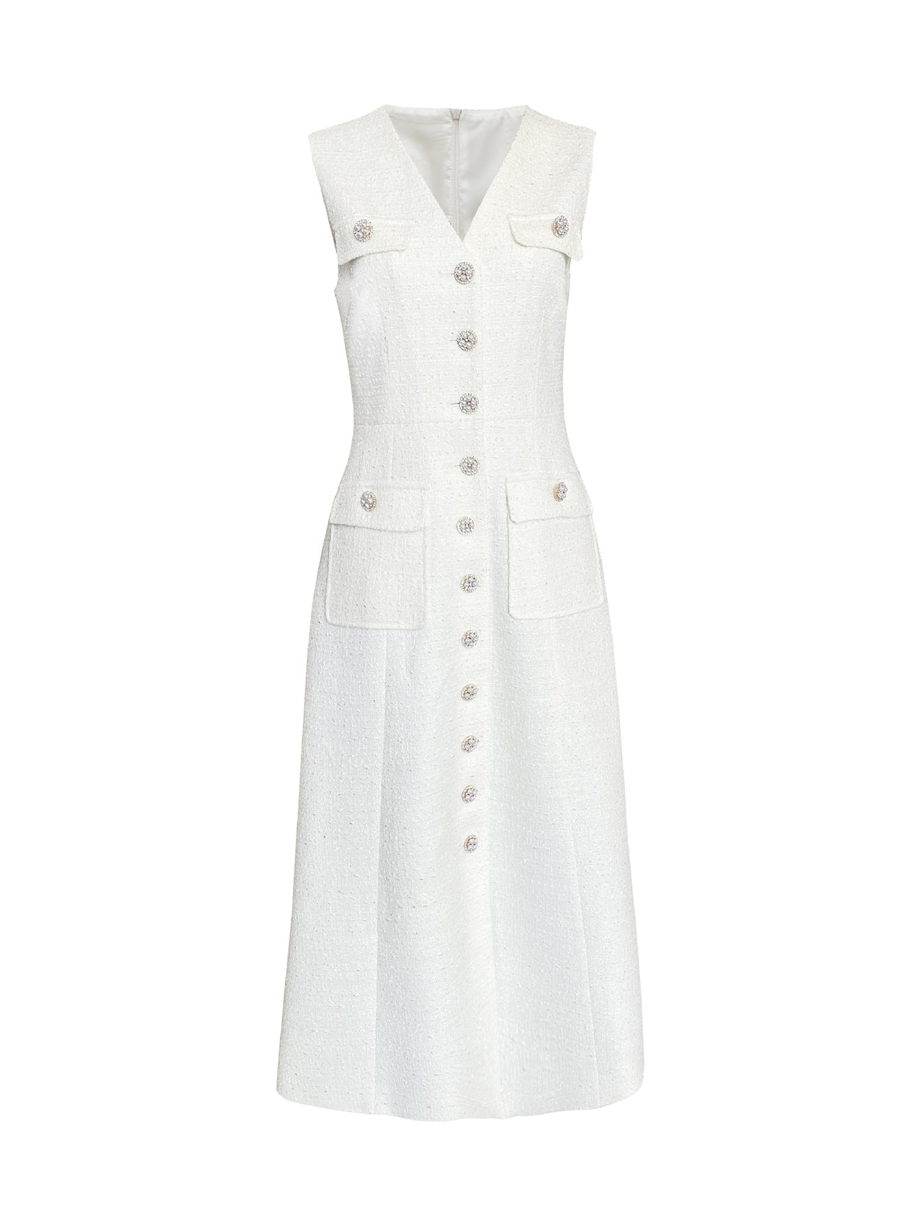 Sleeveless V-Neck Midi Dress with Pearl Buttons